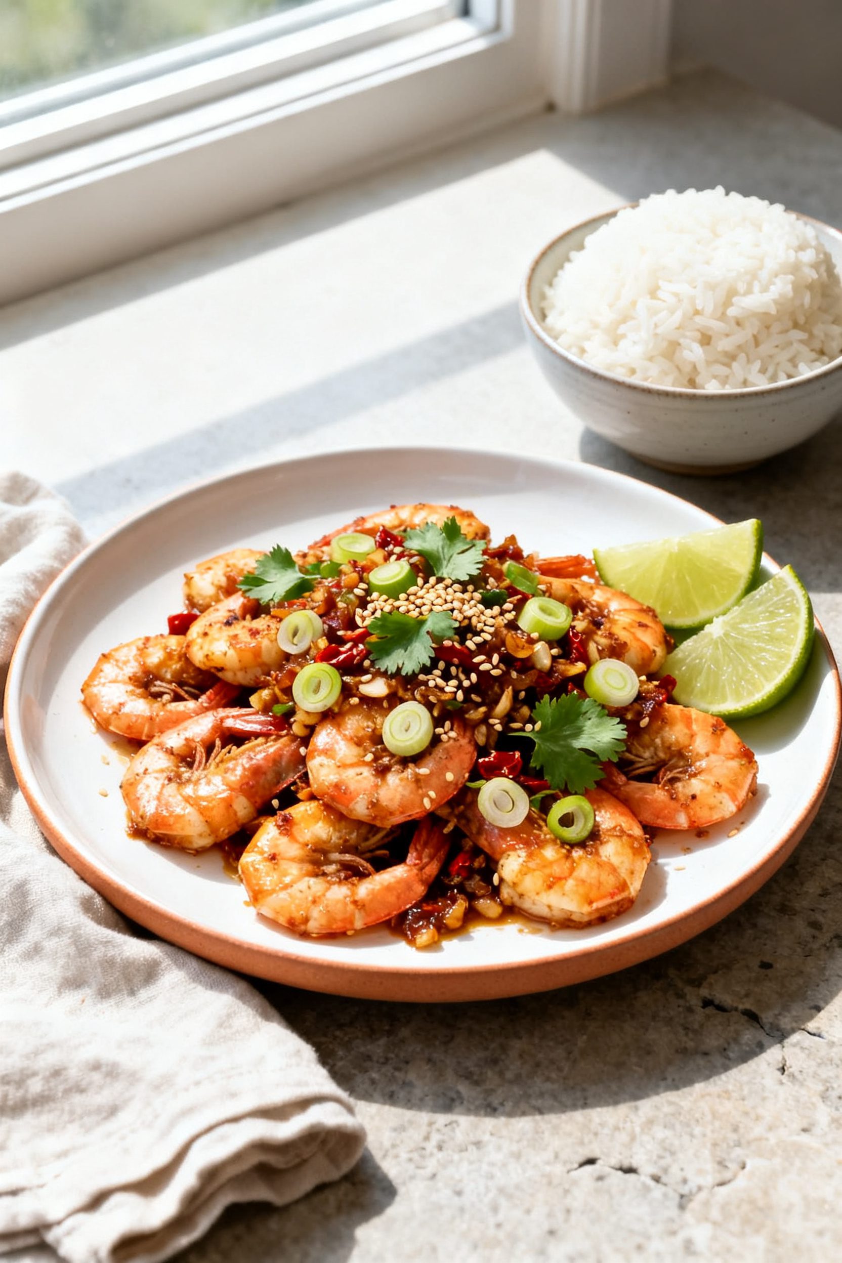 Final dish presentation: Beautifully plated Air Fryer Salt and Pepper Shrimp piled on a warm white c