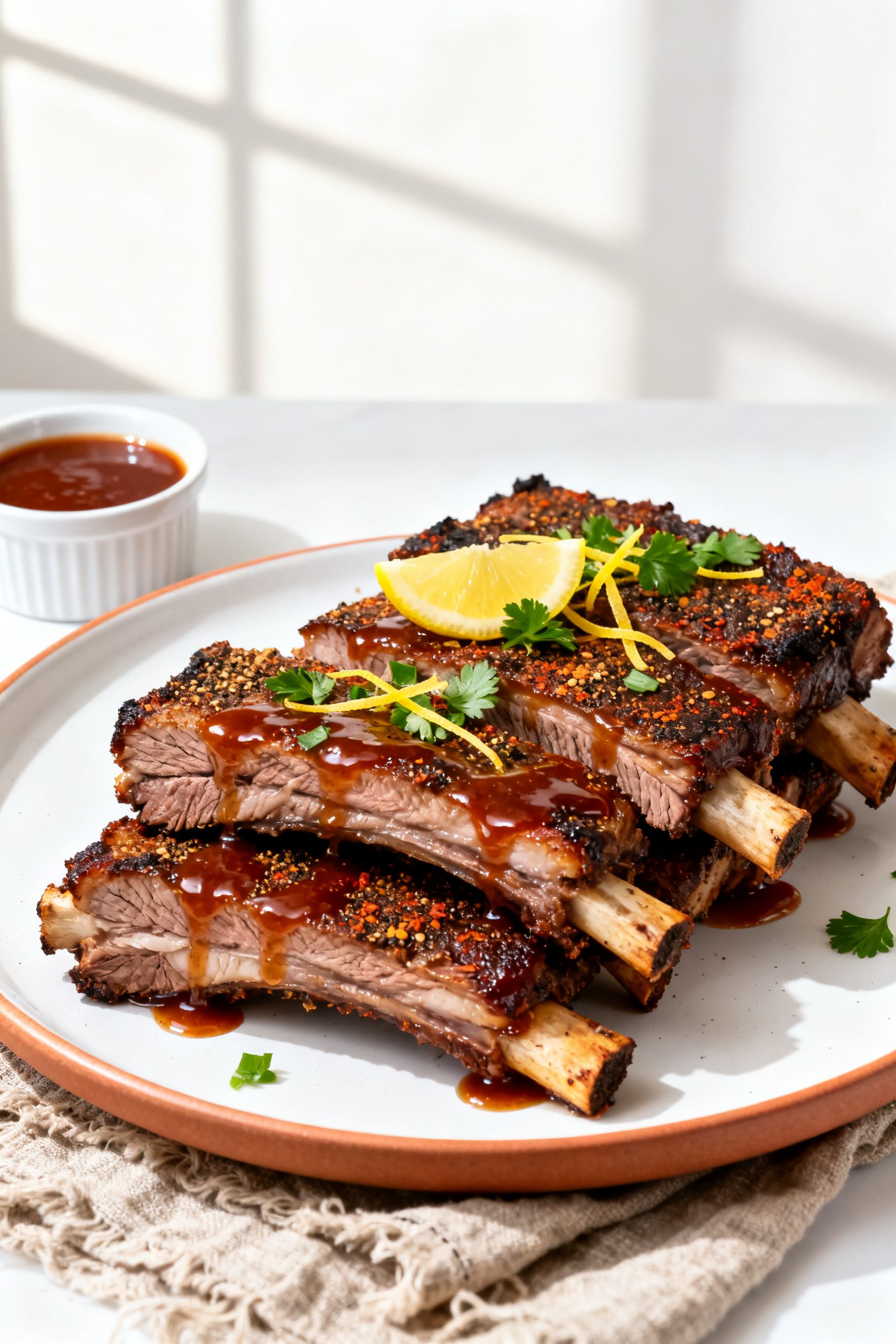 Final dish presentation: Beautifully plated Air Fryer Beef Ribs (English-cut) sliced between bones a