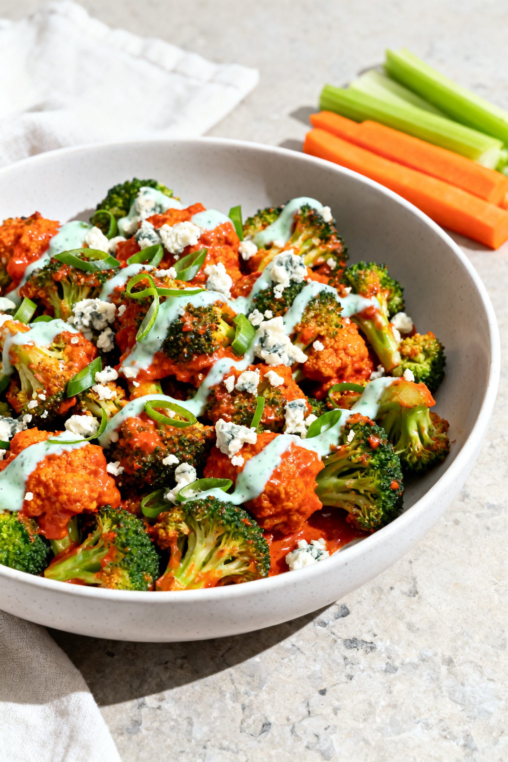 Final dish presentation: Beautifully plated Air Fryer Buffalo Broccoli piled high on a wide, matte-w