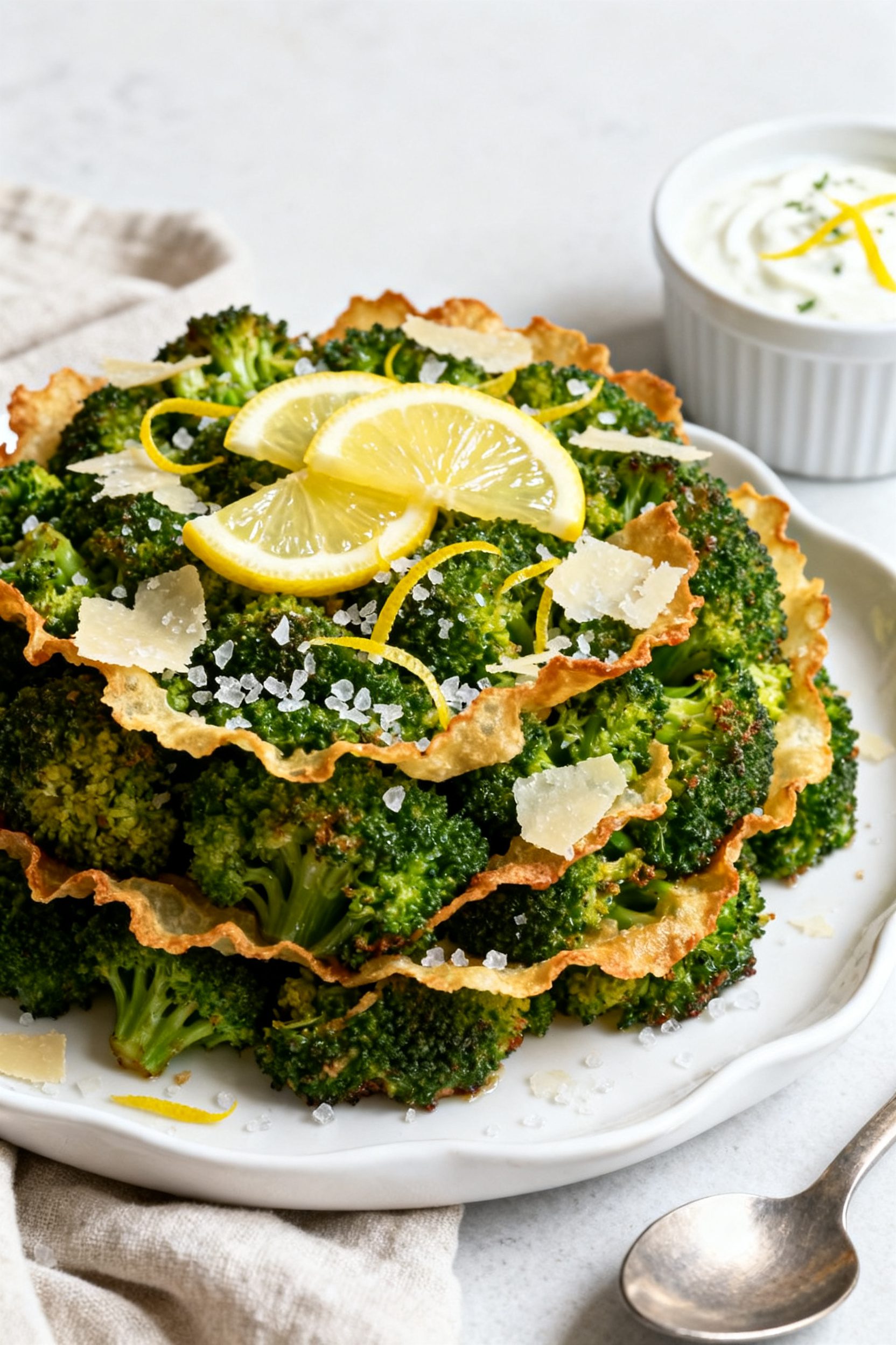 Final dish presentation: Beautifully plated Air Fryer Smashed Broccoli on a white ceramic platter, p