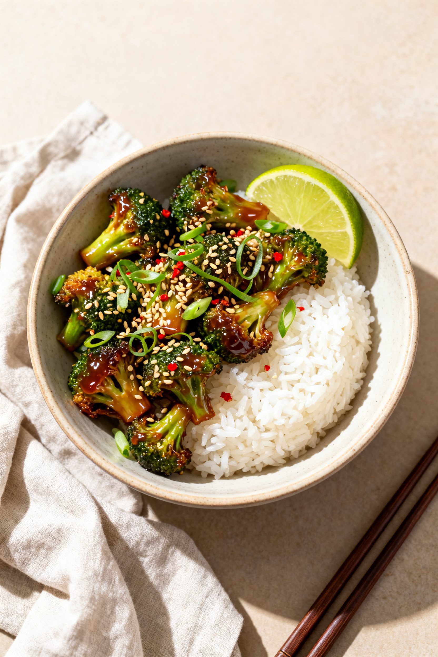 Final dish presentation: Beautifully plated Asian Style Air Fryer Broccoli in a shallow ceramic bowl