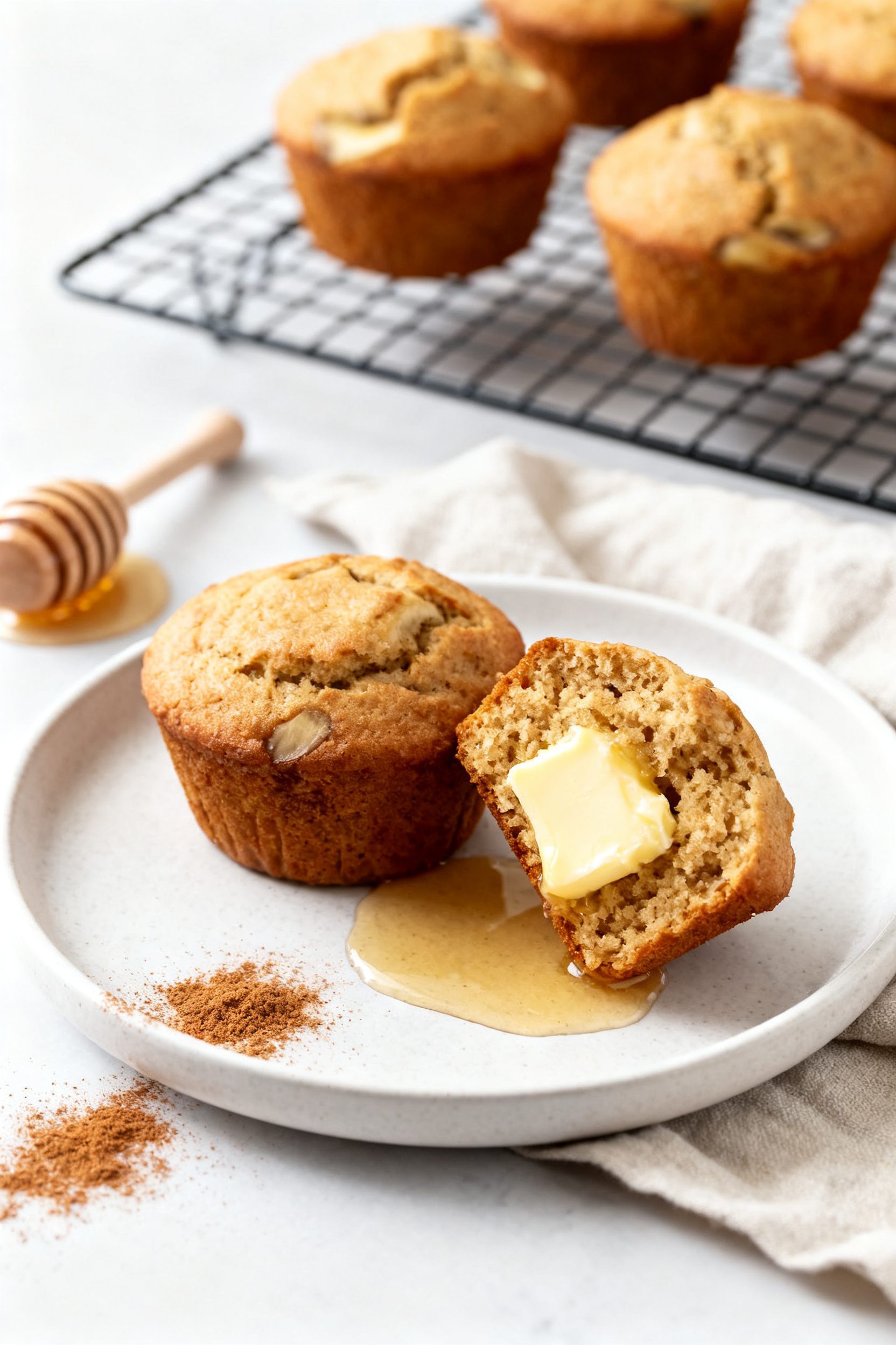 Final dish presentation: Beautifully plated banana muffins on a matte white plate with one muffin ha