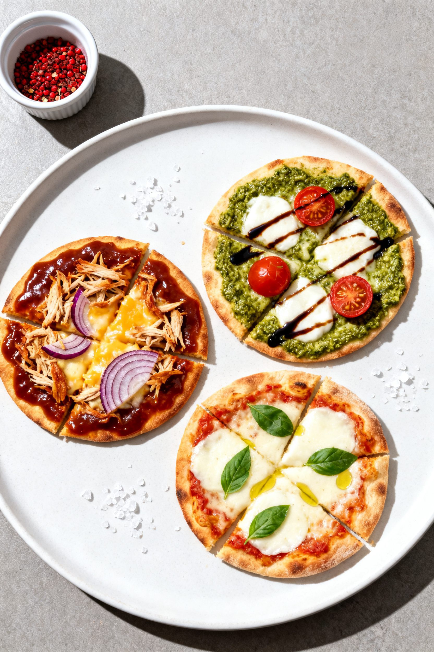 Final dish presentation: Beautifully plated trio of mini pizzas on a matte white round plate—BBQ C