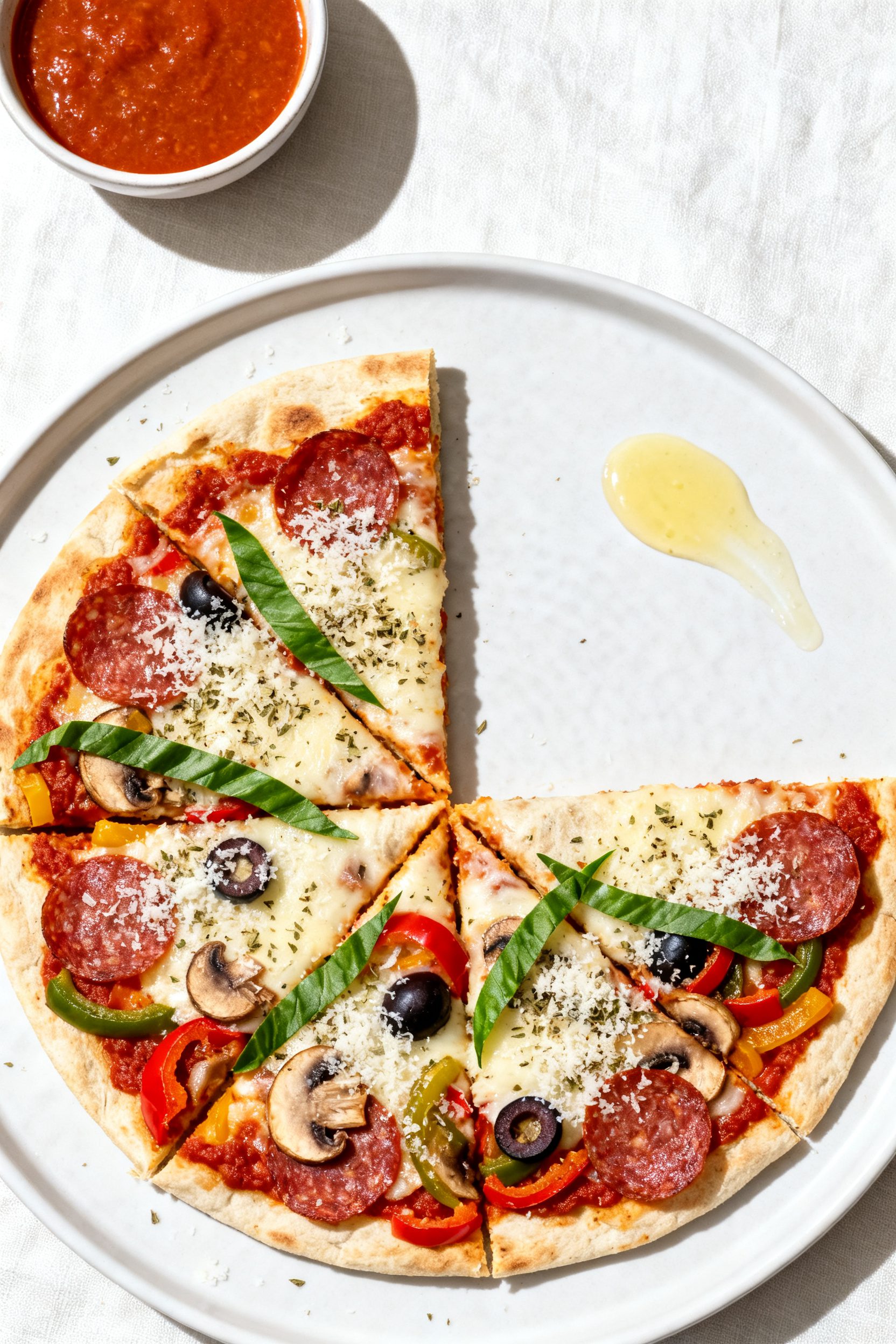 Final dish presentation: Overhead hero shot of a halved and cross-cut air fryer pizza wrap arranged 