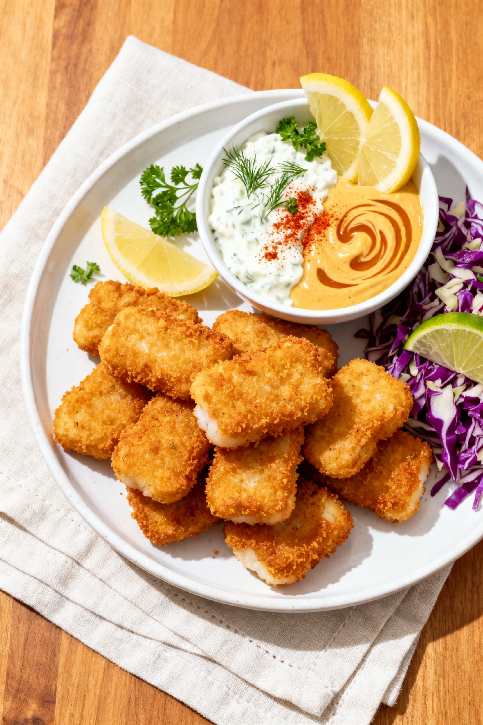 Final dish presentation: Restaurant-quality plate of air fryer cod nuggets stacked on a white cerami