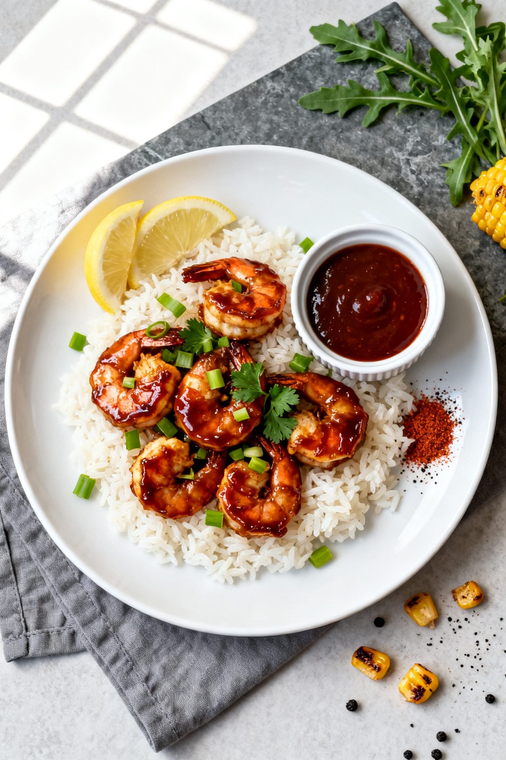 Final dish presentation: Restaurant-quality plate of Air Fryer BBQ Shrimp over fluffy jasmine rice,