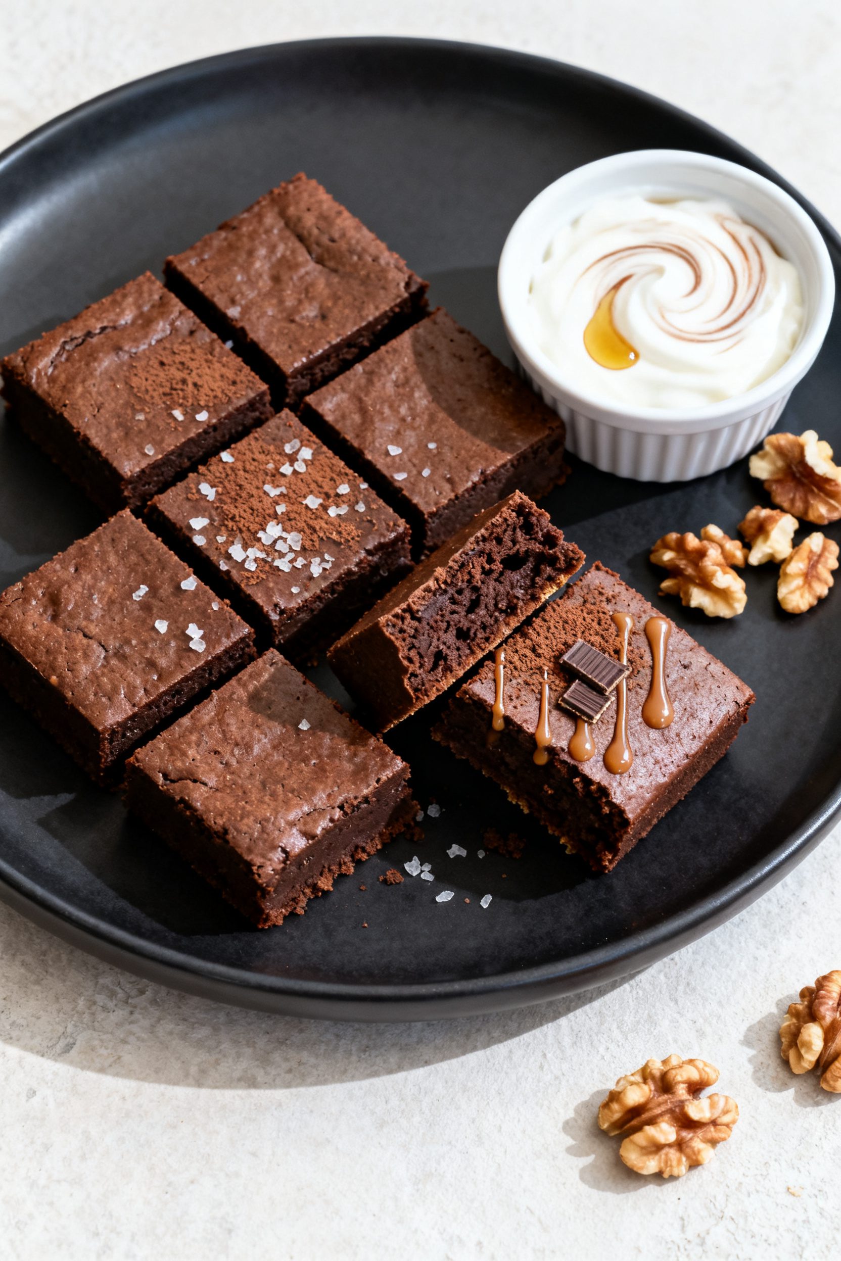 Final dish presentation: Restaurant-quality plated air fryer protein brownies cut into 9 neat square