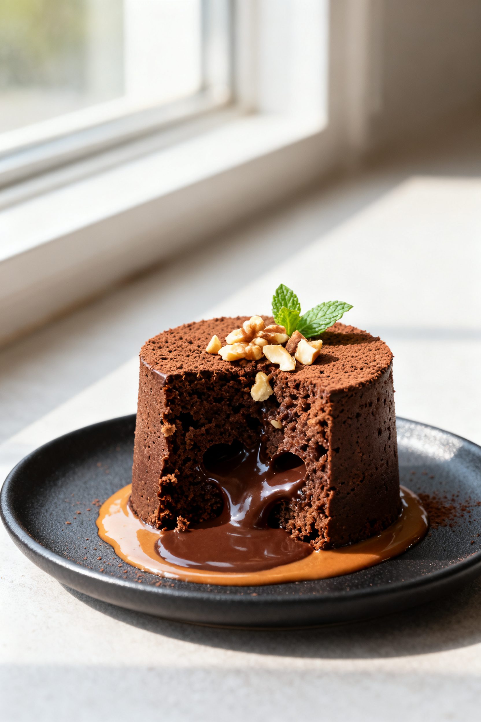 Final dish presentation: Restaurant-quality plated mug brownie de-molded onto a small matte black pl