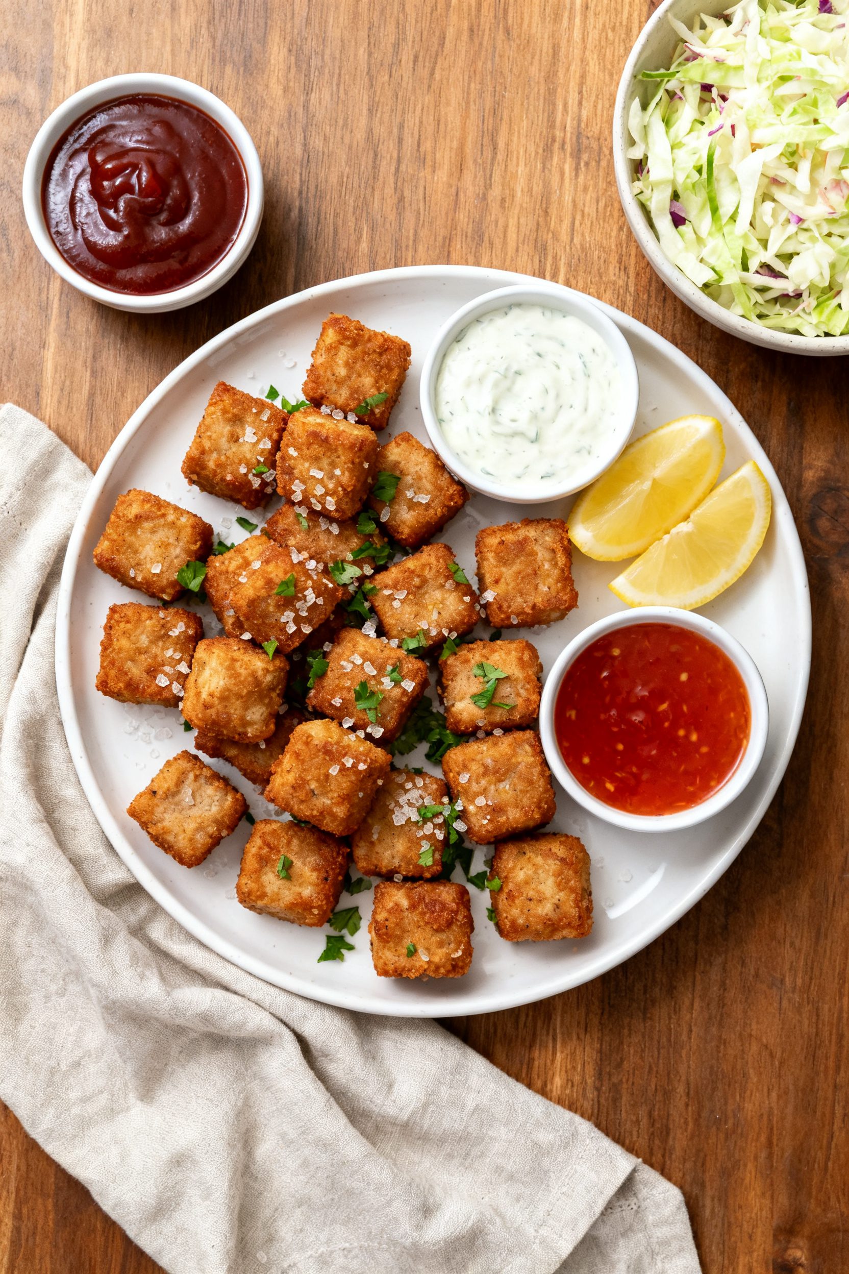 Final dish presentation: Restaurant-quality plated Air Fryer Pork Nuggets on a white ceramic plate, 