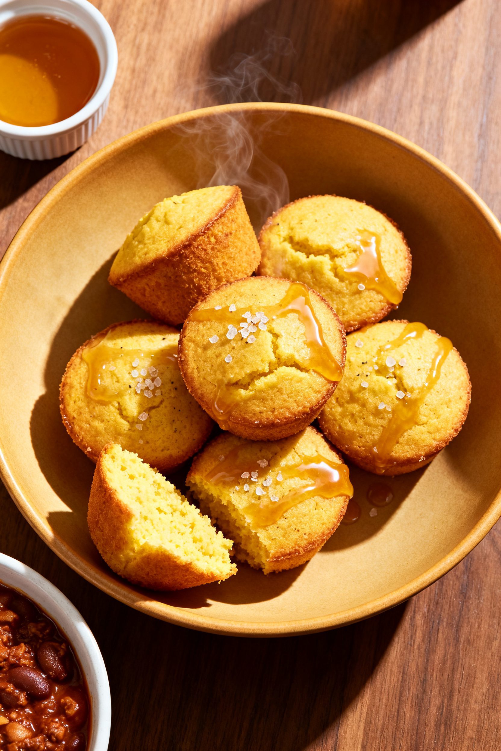 Final dish presentation: Restaurant-quality plated cornbread muffins arranged in a warm-toned shallo