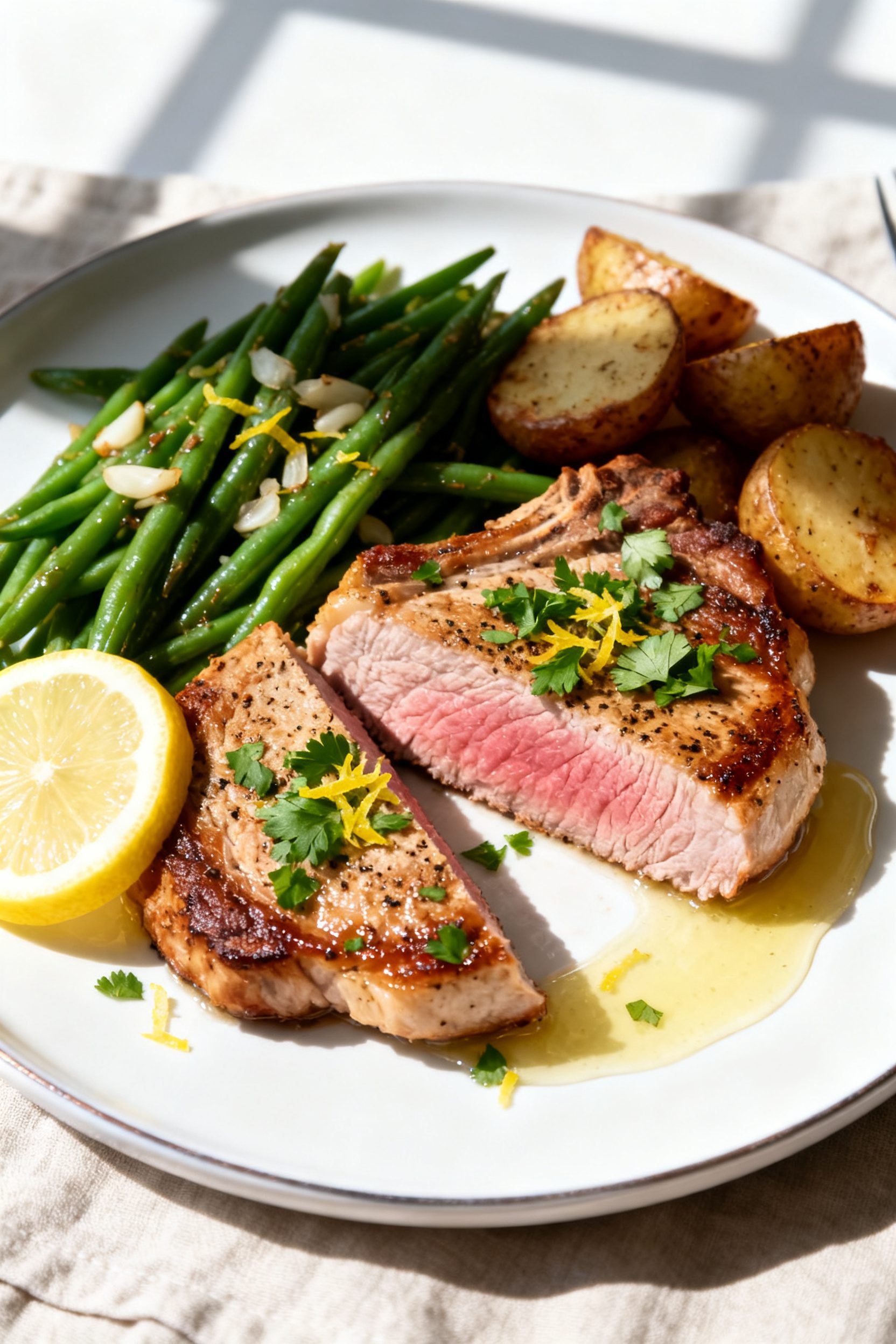 Final dish presentation: Restaurant-quality plating of lemon pepper pork chops on a white rimmed pla