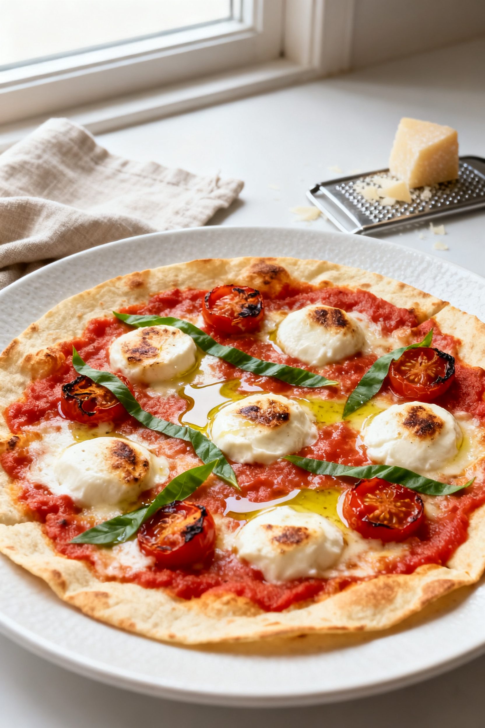 Final dish presentation: Restaurant-quality plating of a Margherita-style tortilla wrap pizza on a m