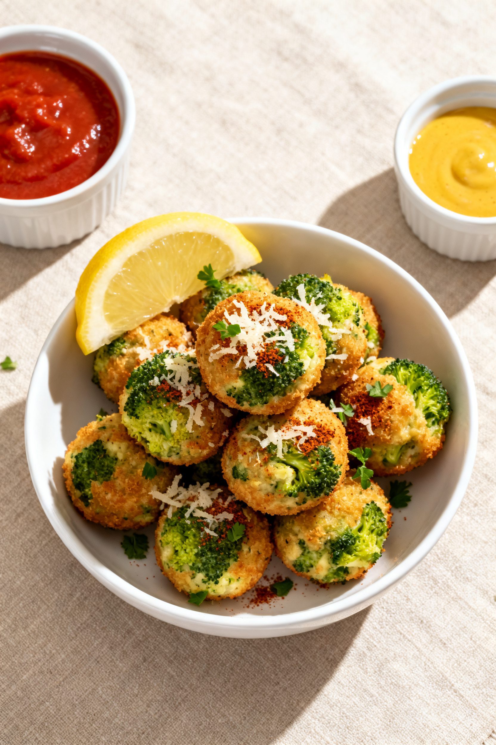 Final dish presentation: Restaurant-quality plating of broccoli cheese balls stacked in a shallow wh