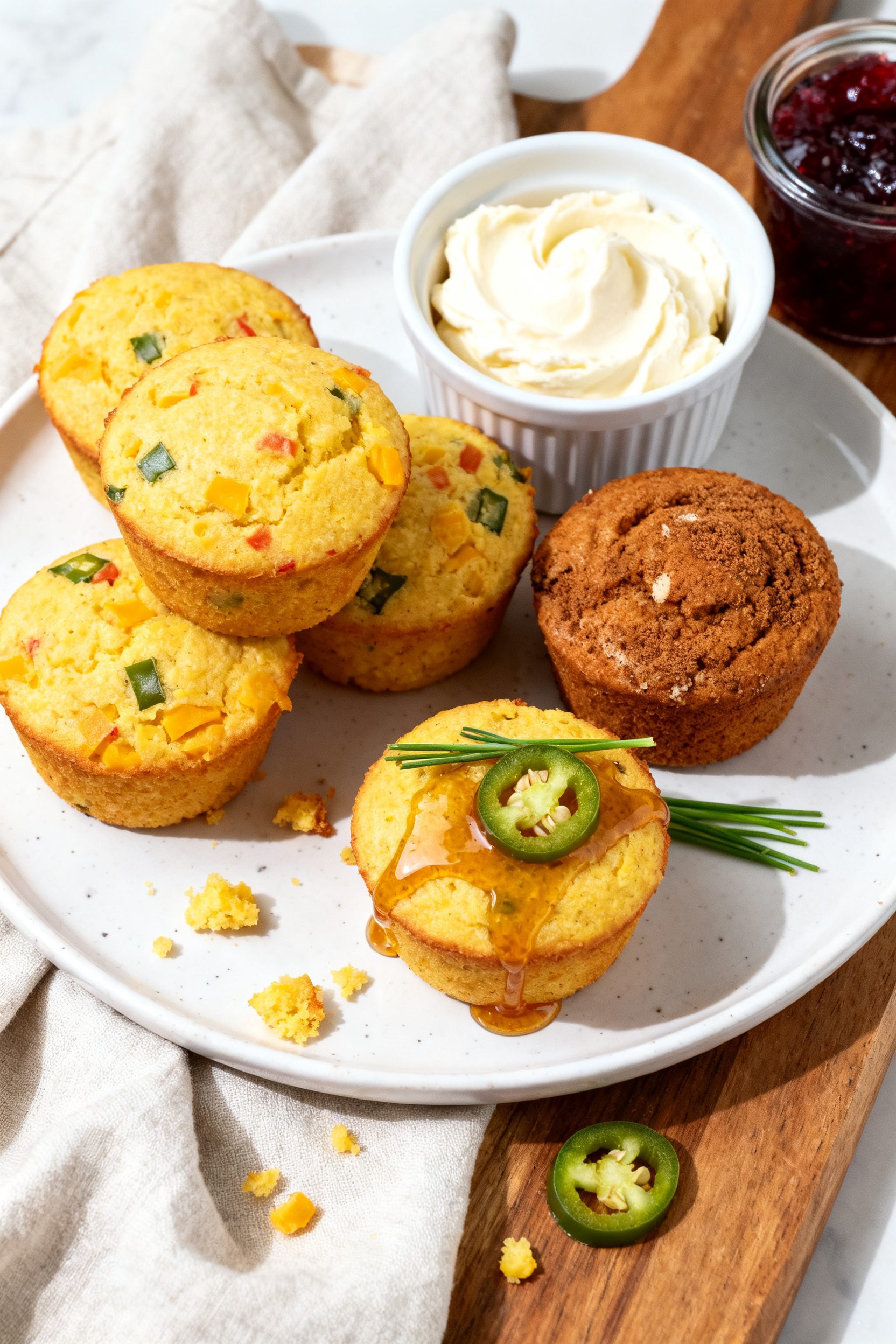 Final dish presentation: Restaurant-quality plating of assorted air fryer corn muffins—plain, ched