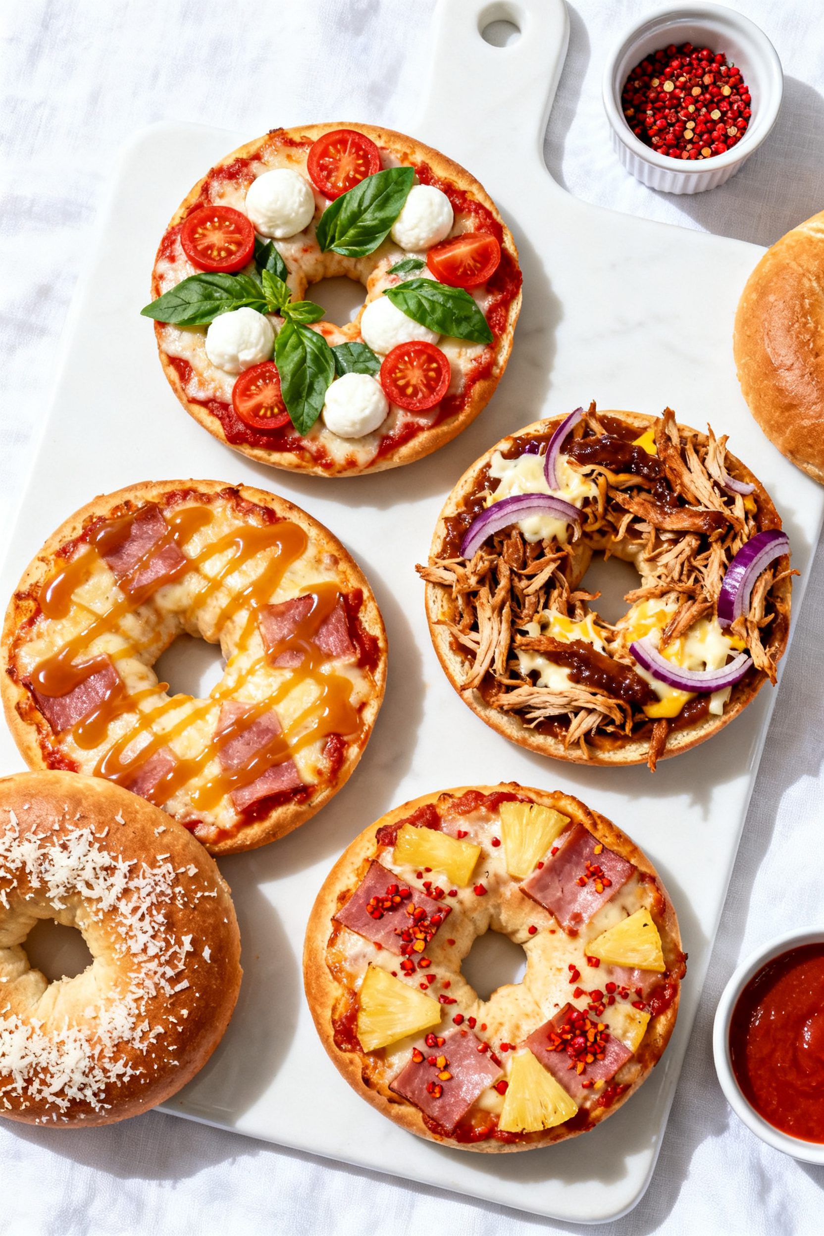 Final dish presentation: Restaurant-quality platter of assorted finished pizza bagels—Margherita (