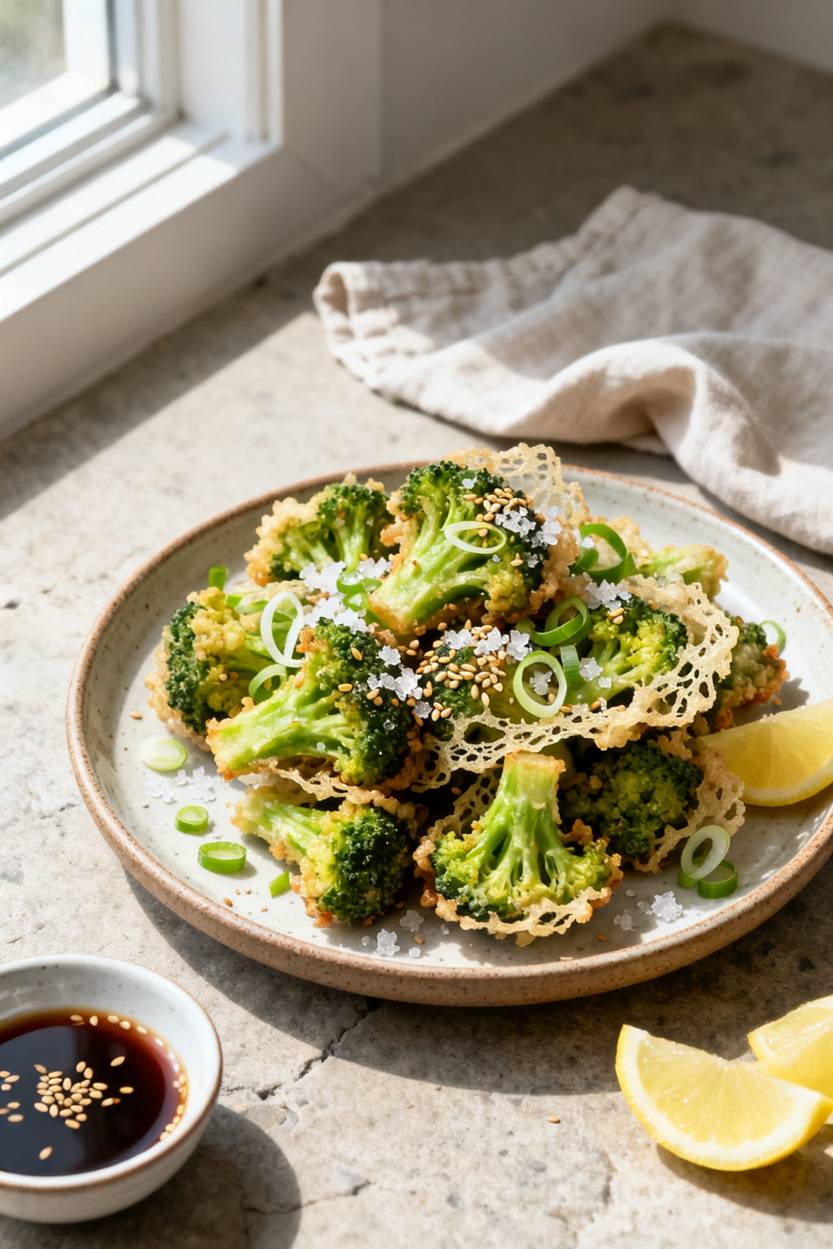 Final dish presentation, tasty top view: Overhead shot of a ceramic platter piled with broccoli temp