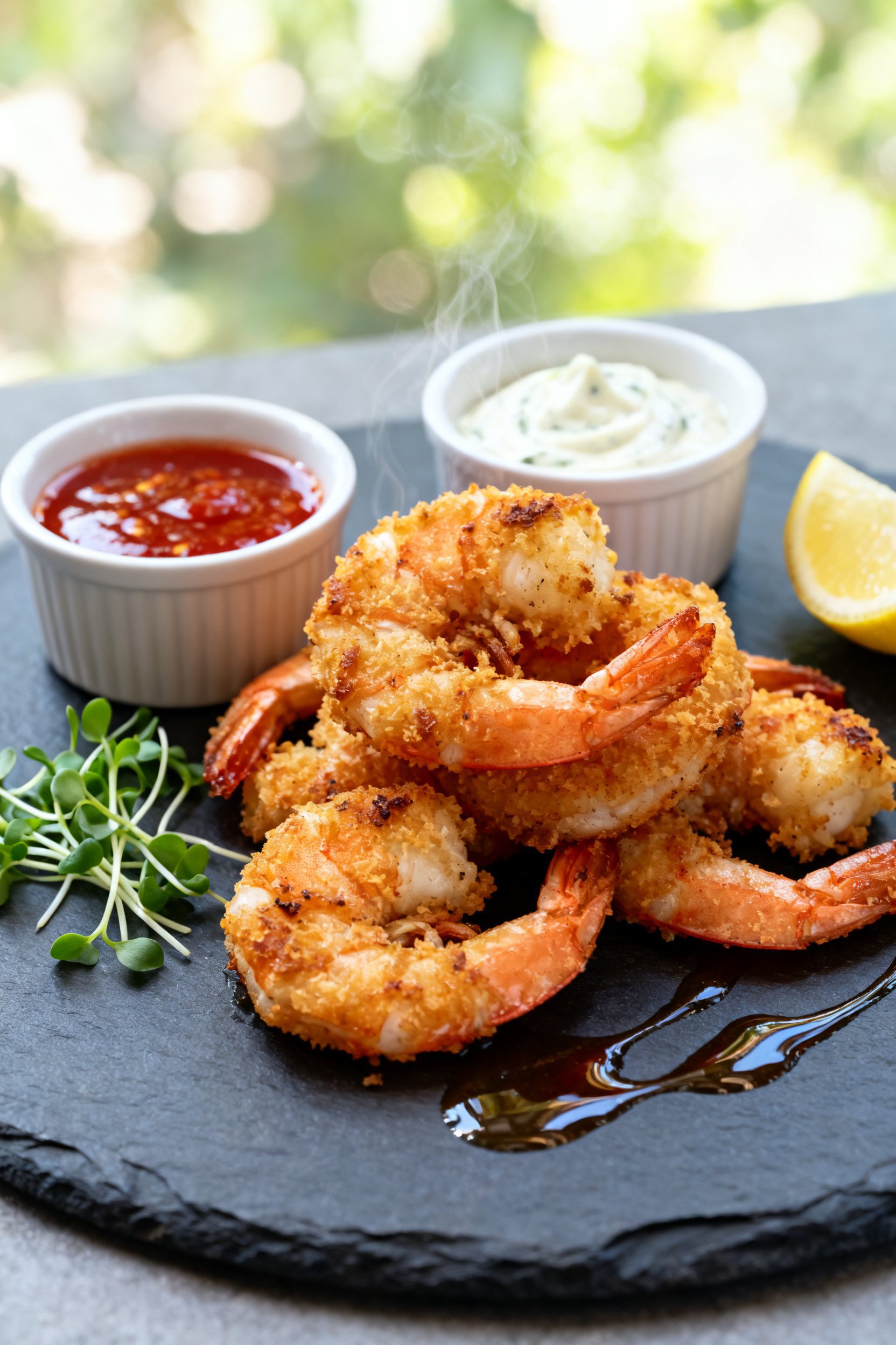 Final dish, restaurant-style: Beautifully plated air fryer panko shrimp stacked high on a dark slate
