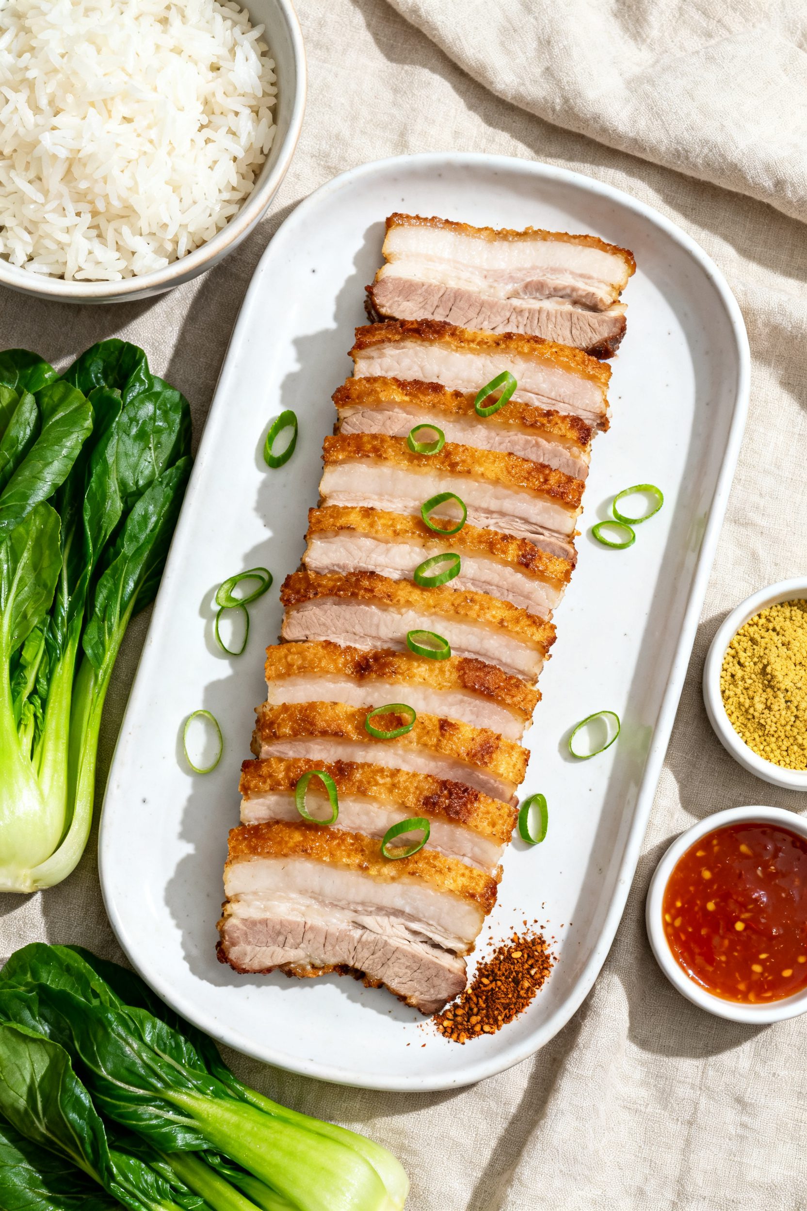 Final dish top view: Overhead shot of sliced air fryer pork belly arranged in neat rows on a white c