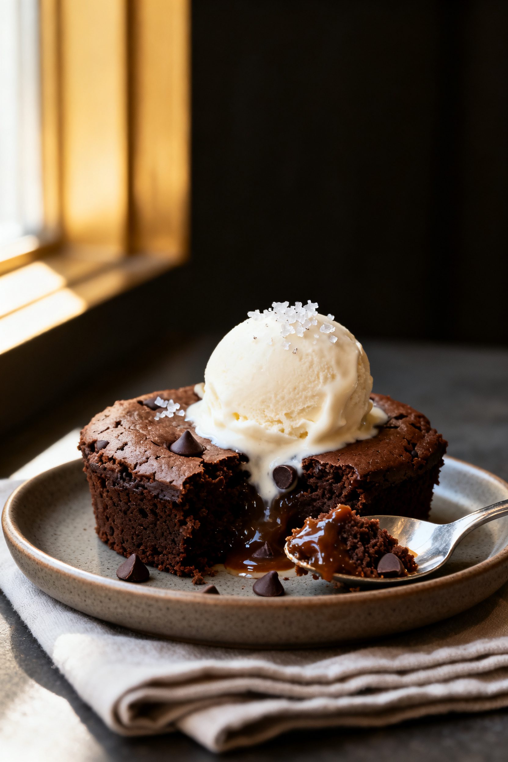 Final dish: Warm brownie for two plated as a single portion on a small matte ceramic plate, topped w