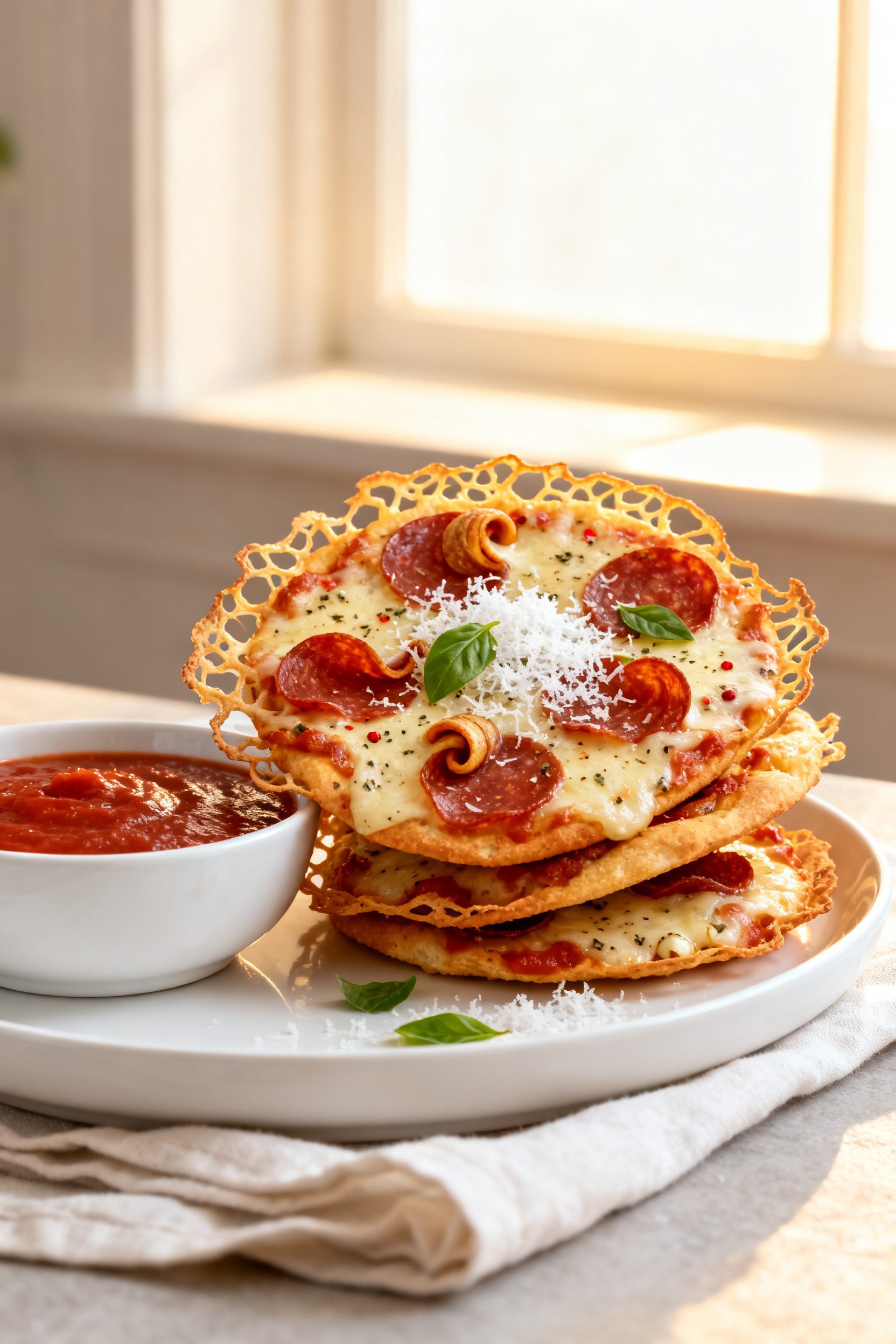 Final plated beauty: Close-up hero image of a stack of three Pizza Chips leaning against a small dis