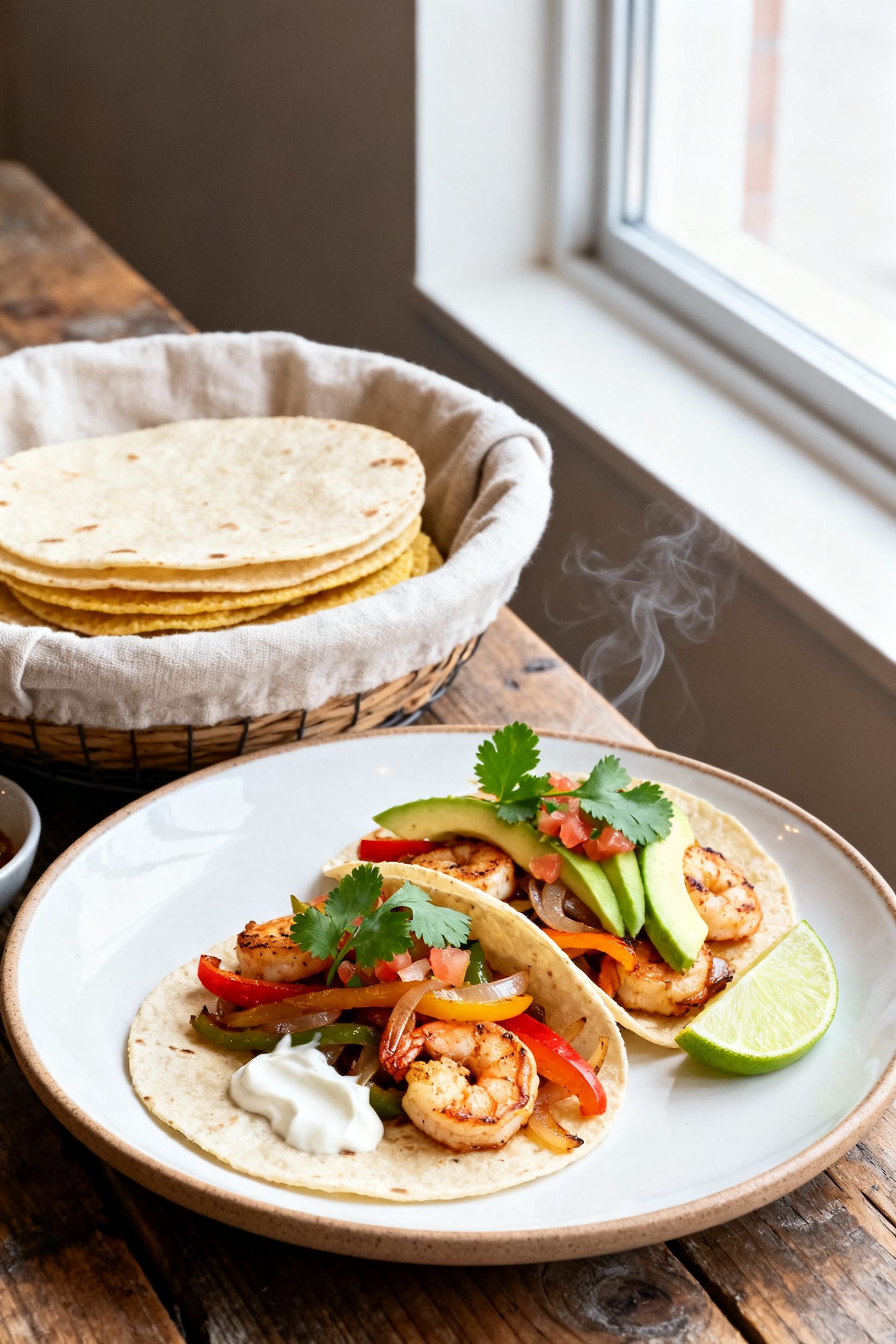 Final plated beauty shot: Warm flour and corn tortillas stacked in a linen-lined basket beside a cer