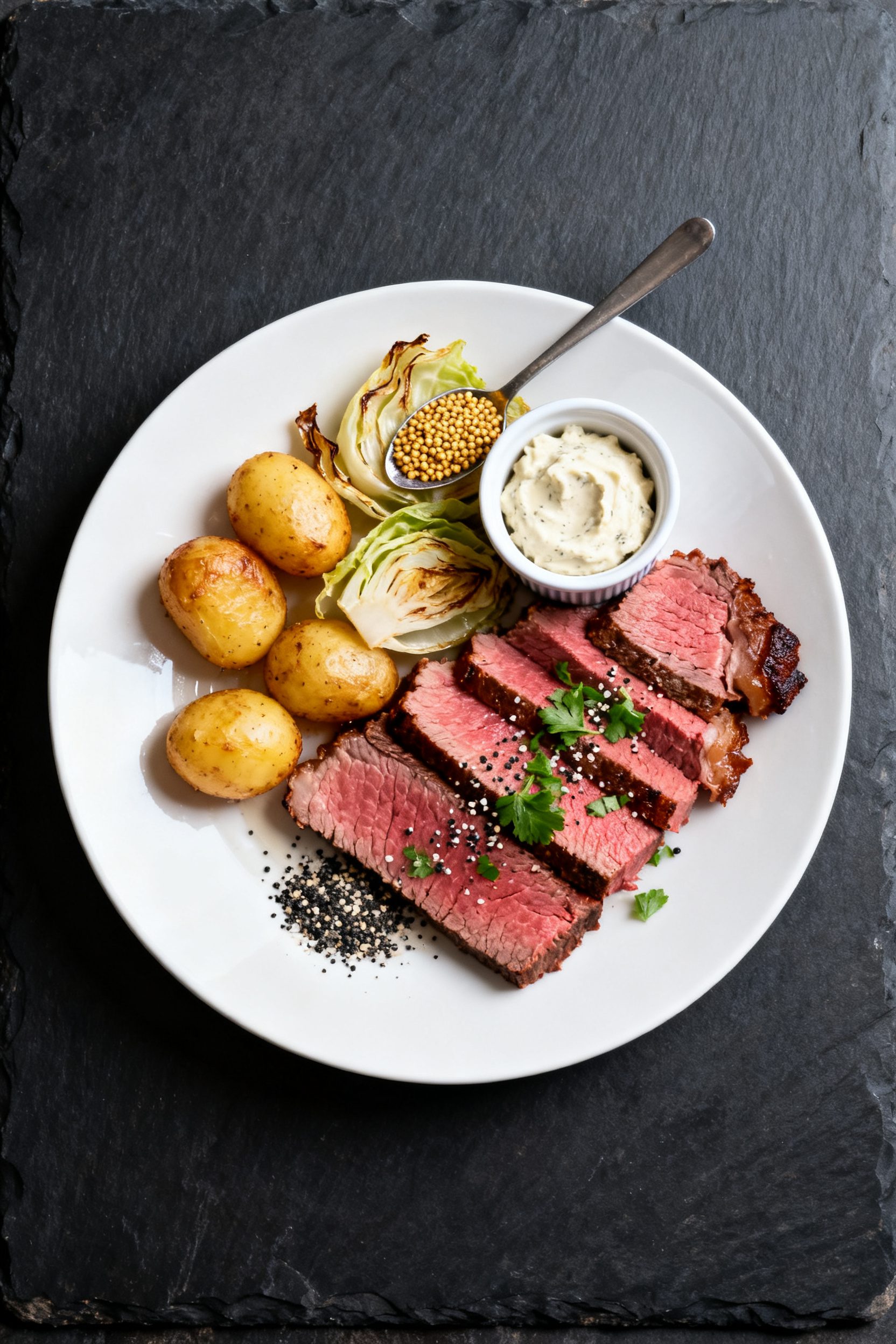 Final plated dish (overhead): Restaurant-quality plate of air fryer corned beef dinner—neat, thick