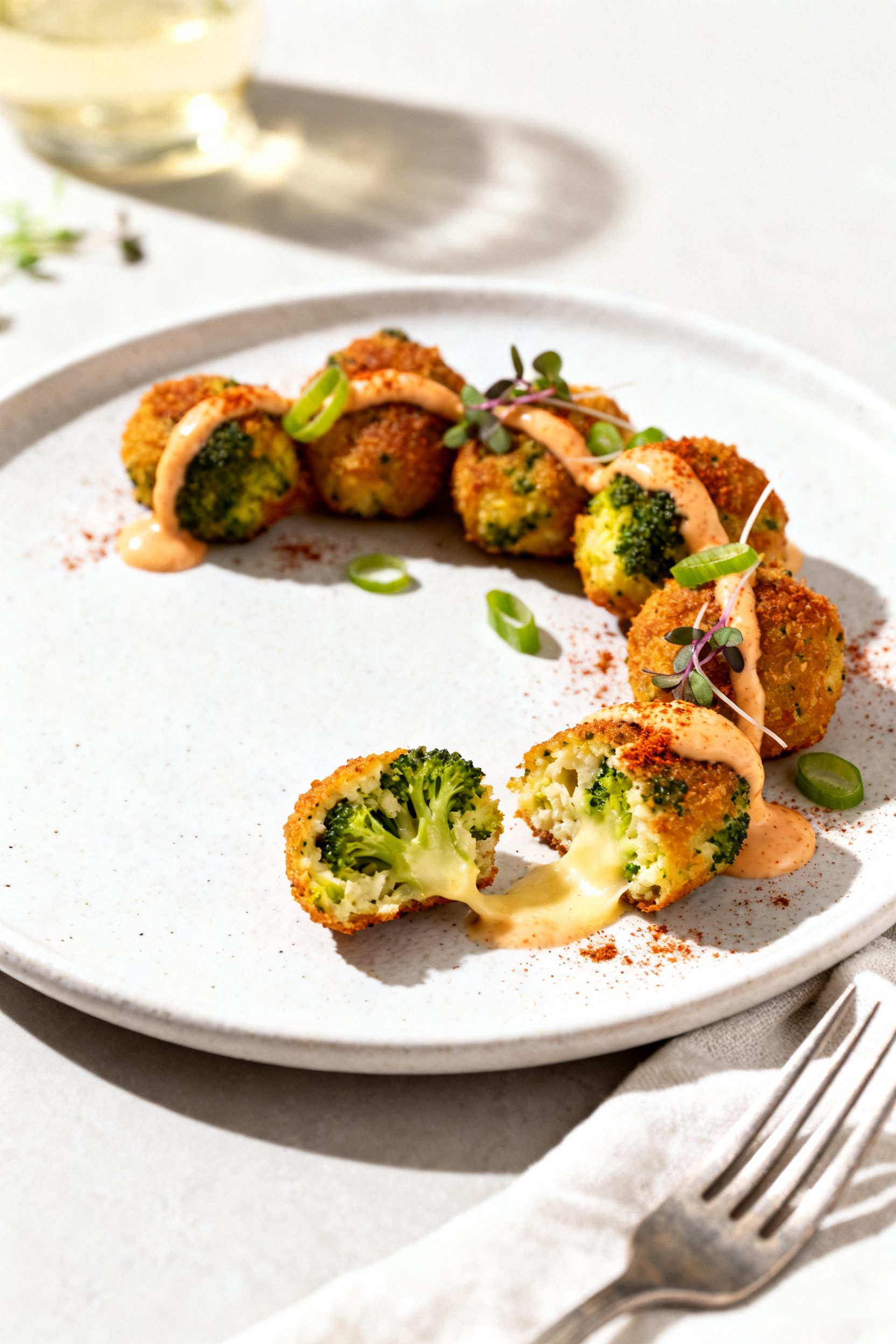 Final plated dish: Restaurant-quality presentation of broccoli cheese bites arranged in a crescent o