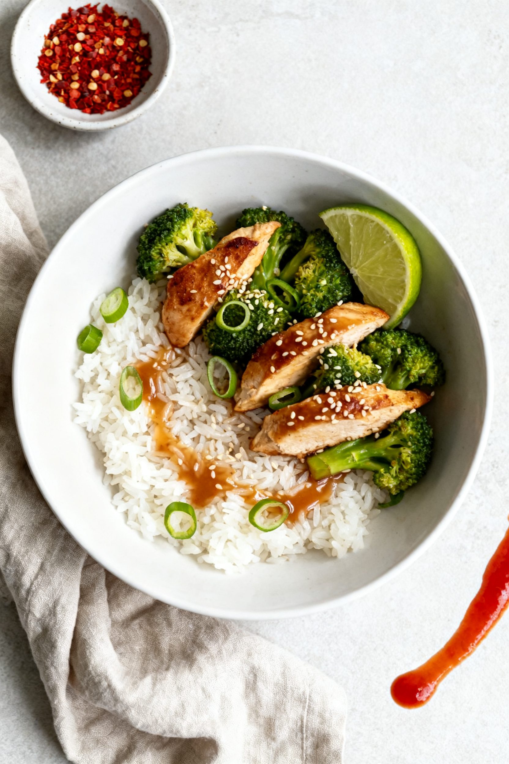 Final plated dish: Restaurant-quality presentation of Air Fryer Chicken and Broccoli over steamed ja