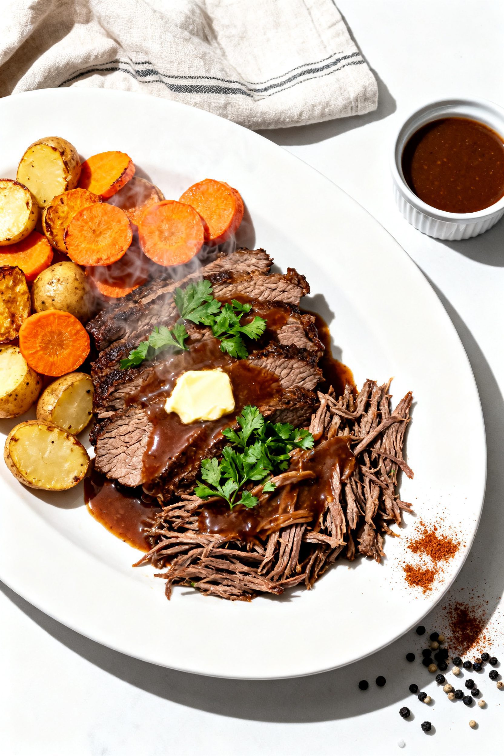 Final plated dish: Restaurant-quality presentation of sliced and shredded portions of the beef chuck