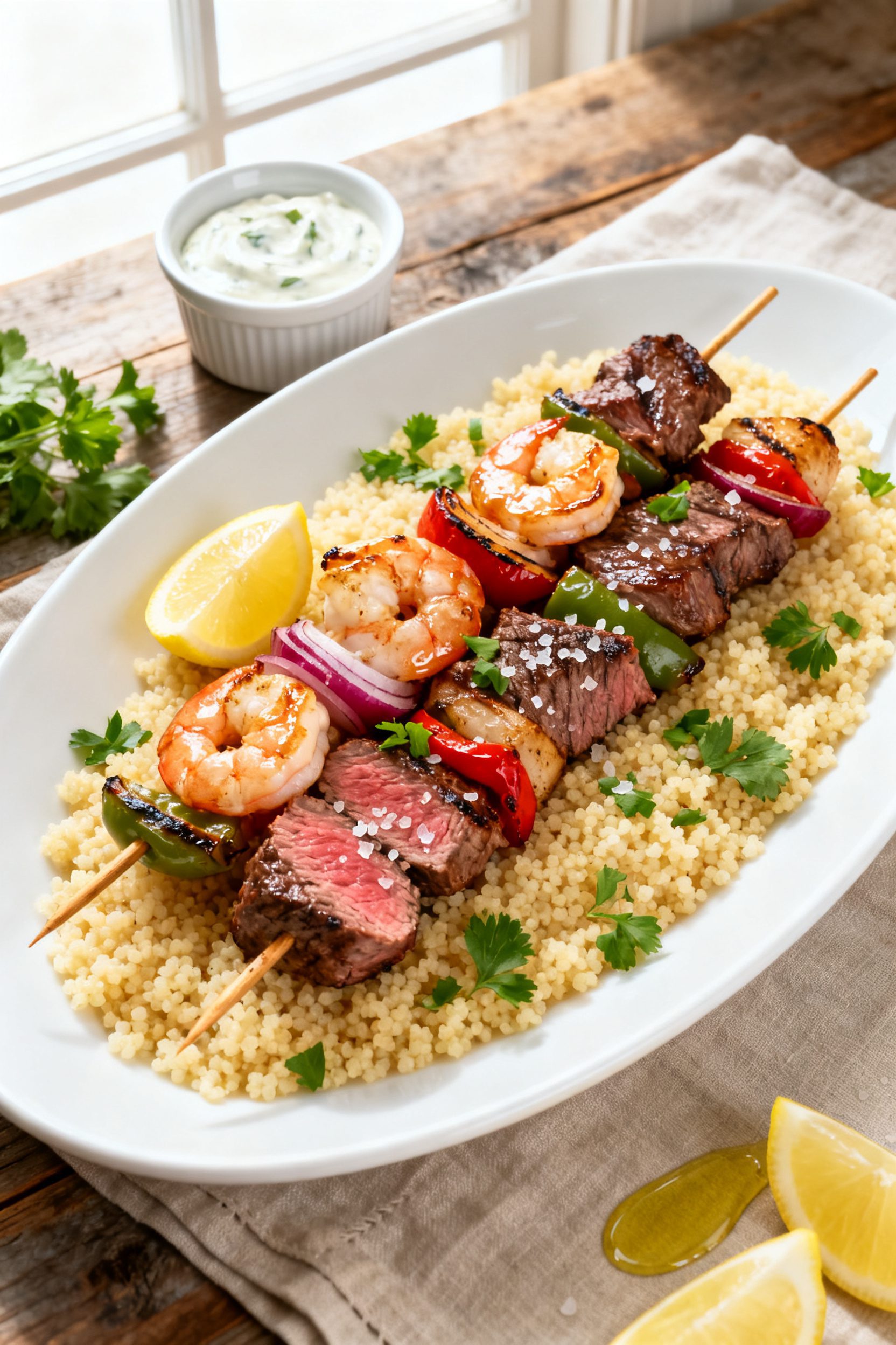 Final plated dish: Restaurant-style surf-and-turf kabobs arranged on a white oval platter over a bed