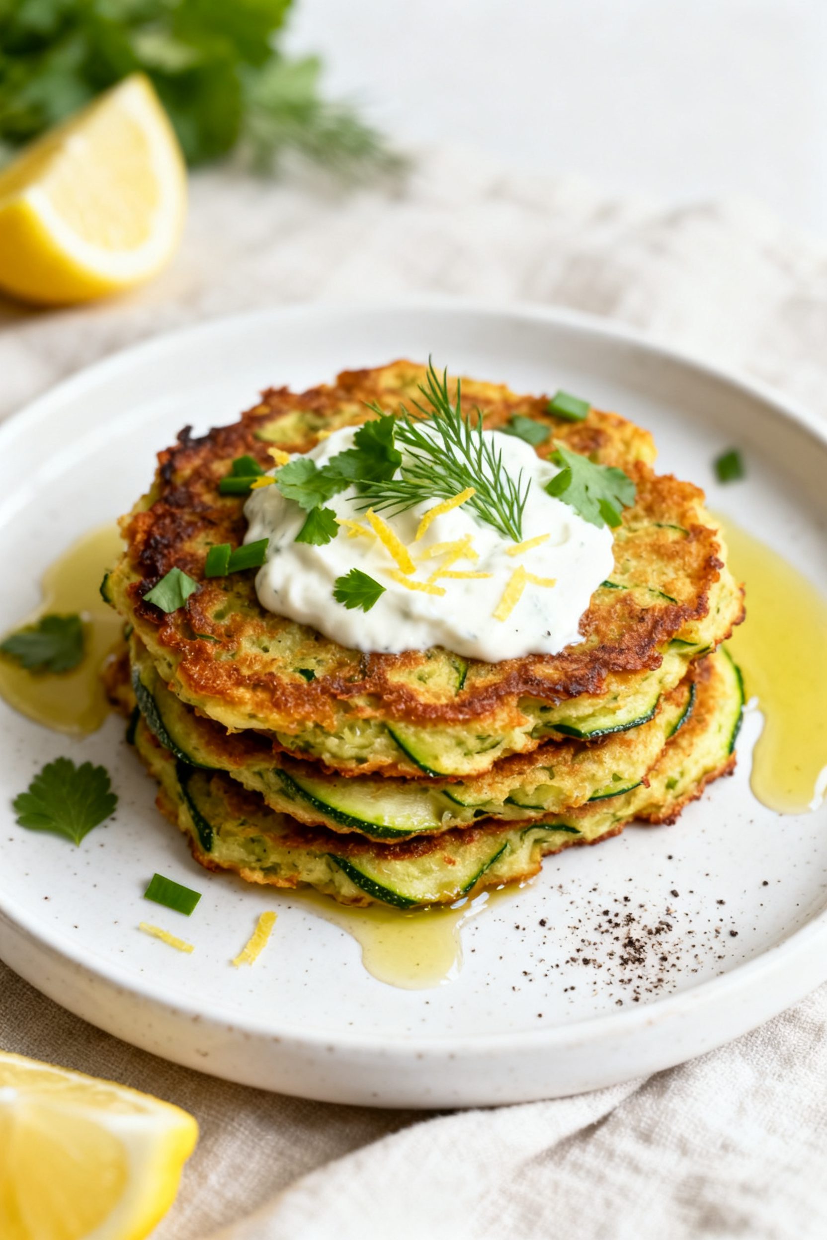 Final plated dish: Stack of vegan zucchini fritters on a white ceramic plate, edges ultra-crisp and 