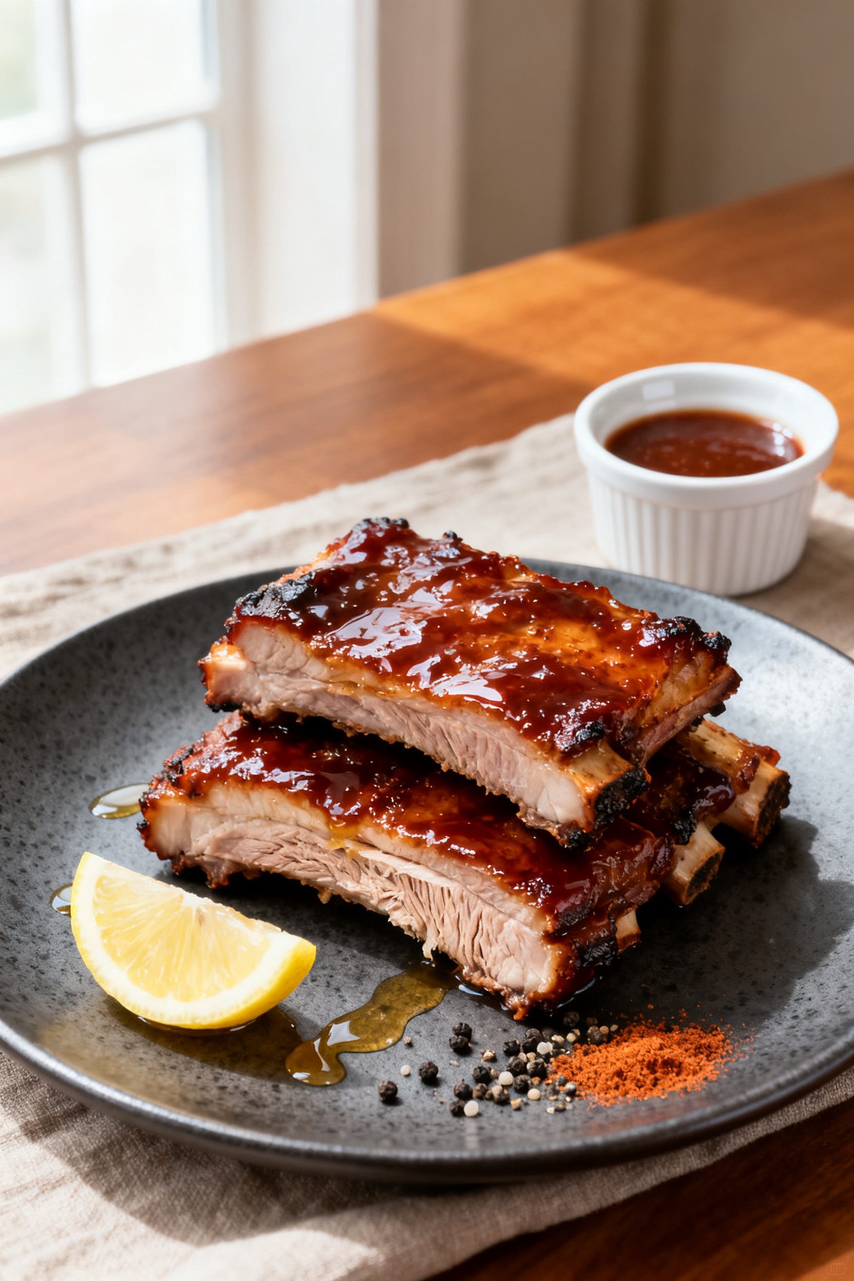 Final plated hero shot: Beautifully plated air fryer boneless pork ribs stacked on a matte charcoal