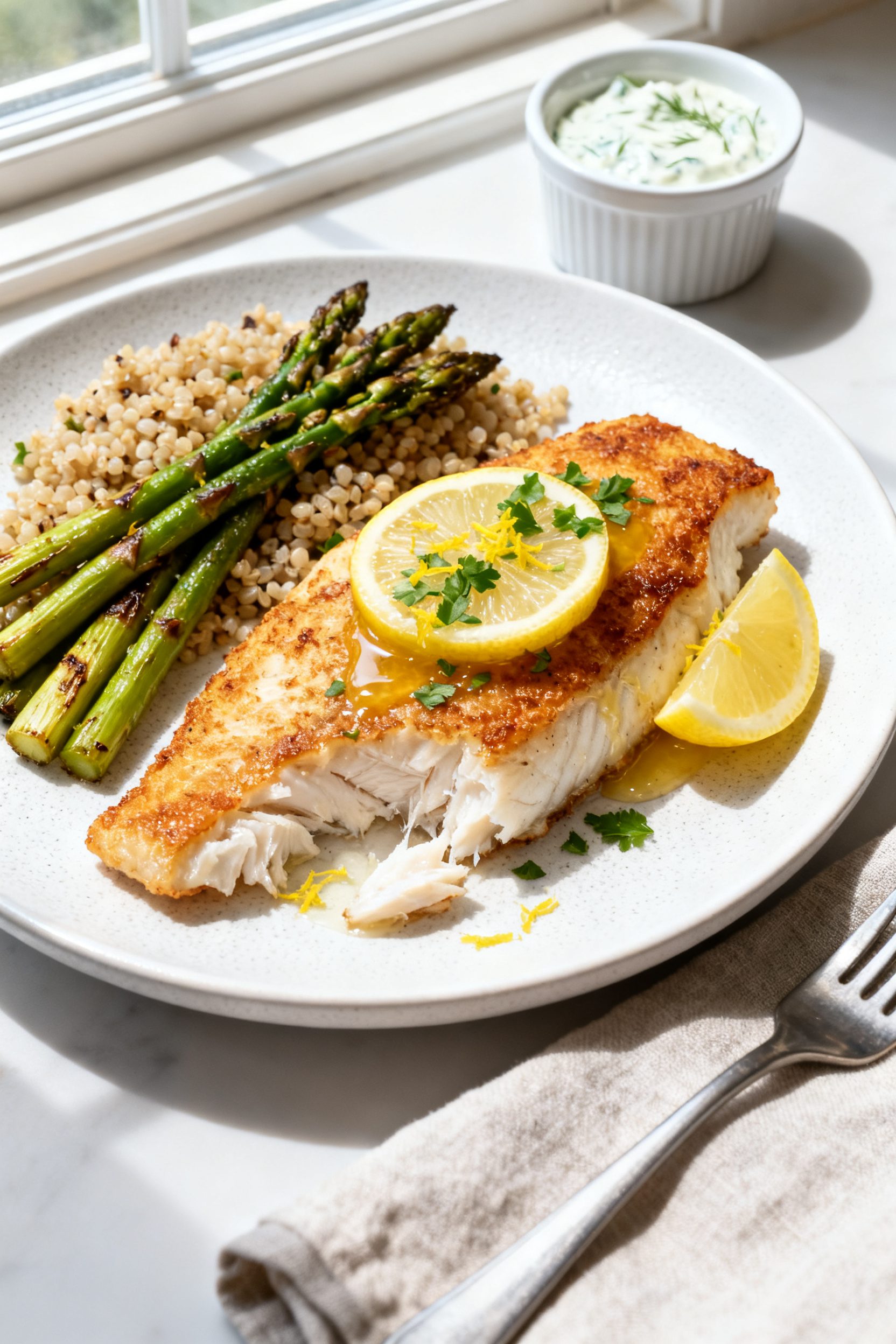 Final plated hero shot: Beautifully plated air fryer cod with a lightly crisp, golden crust and tend