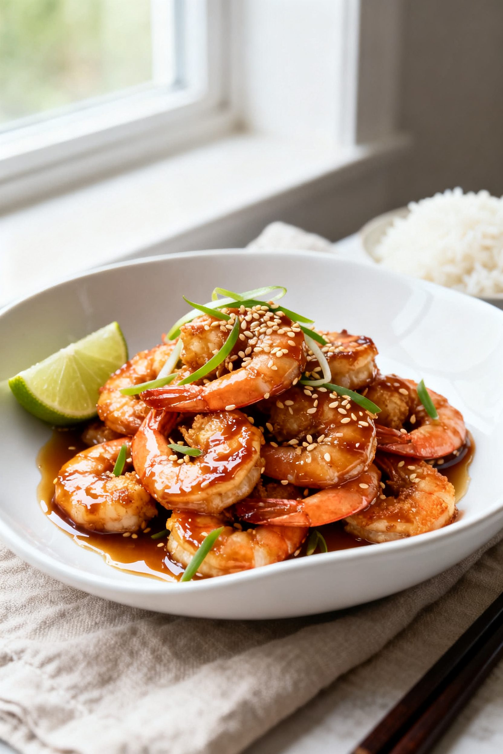 Final plated hero shot: Beautifully plated Asian Air Fryer Shrimp piled on a white ceramic shallow b