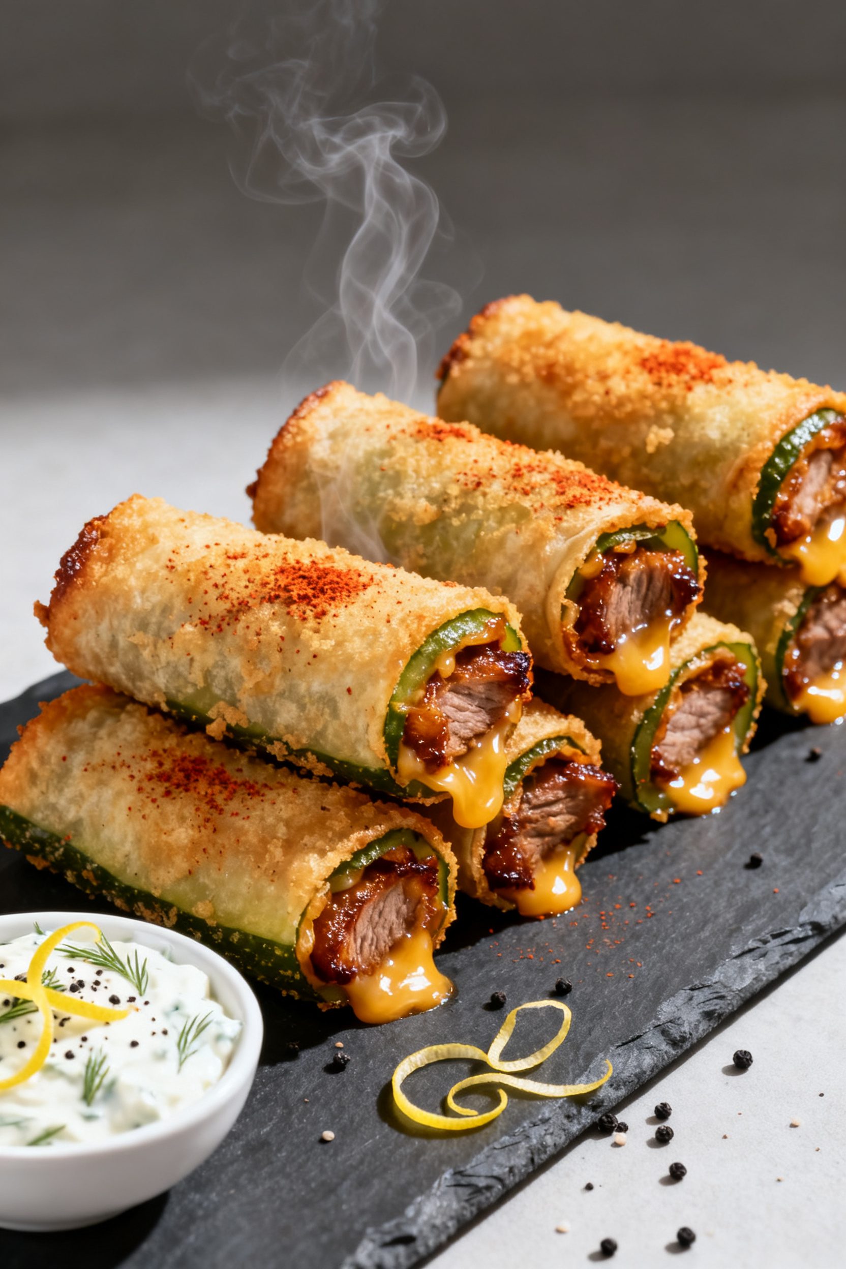 Final plated hero shot: Beautifully plated whole air-fried pickle wraps stacked in a staggered row o