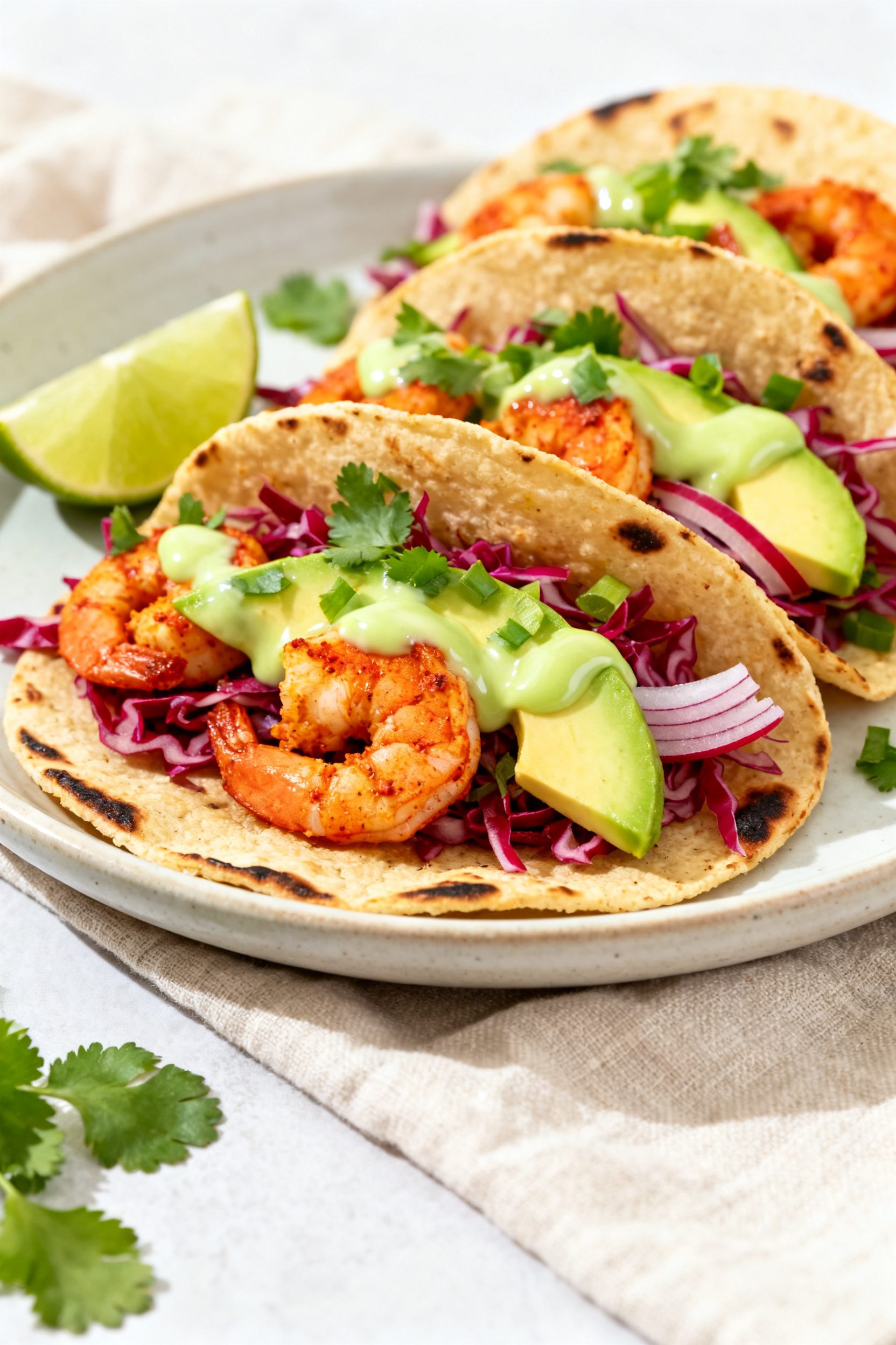 Final plated hero shot: Shrimp tacos assembled on warm, slightly charred corn tortillas, layered wit