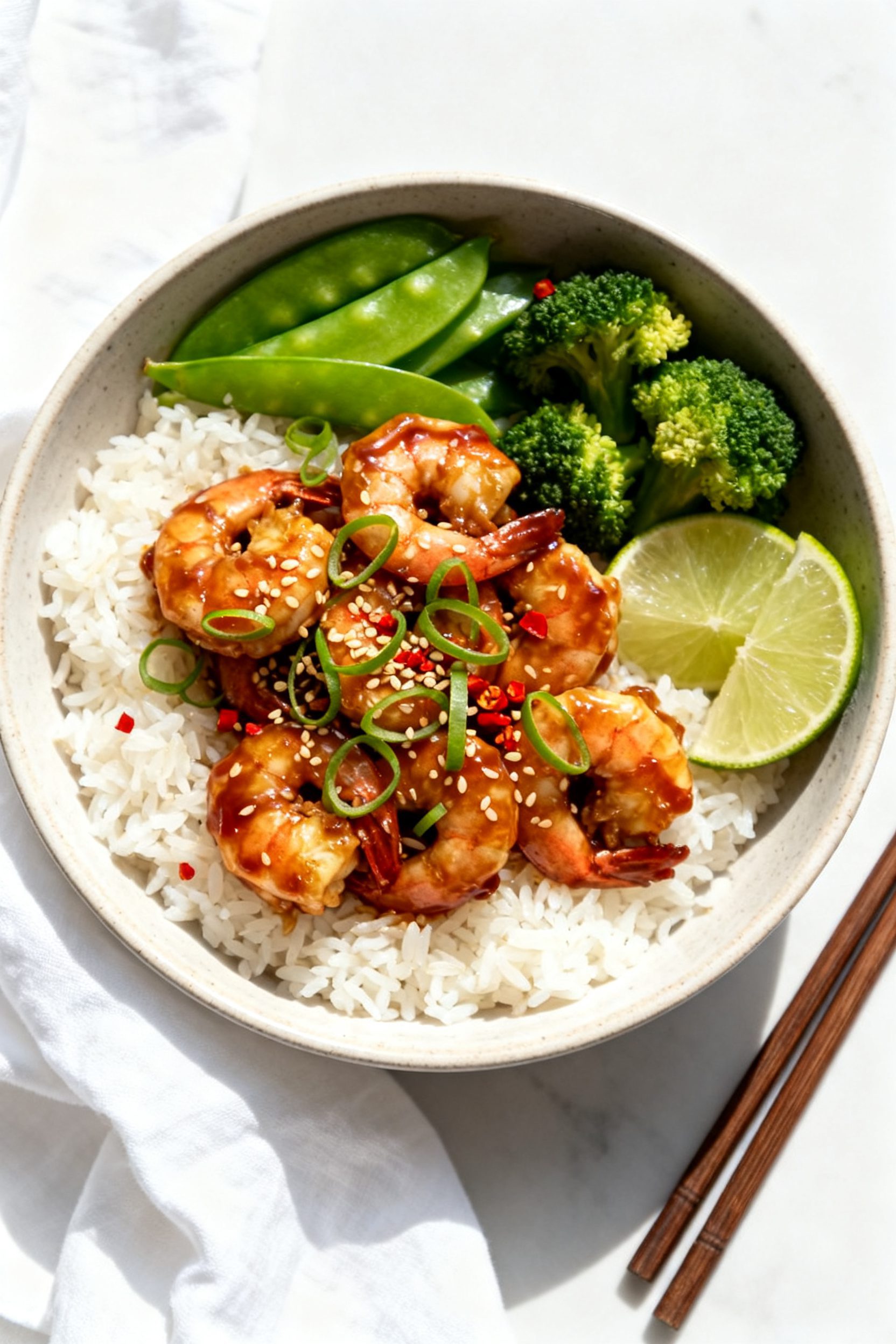 Final plated overhead: Restaurant-quality bowl of teriyaki shrimp over fluffy jasmine rice, shrimp c