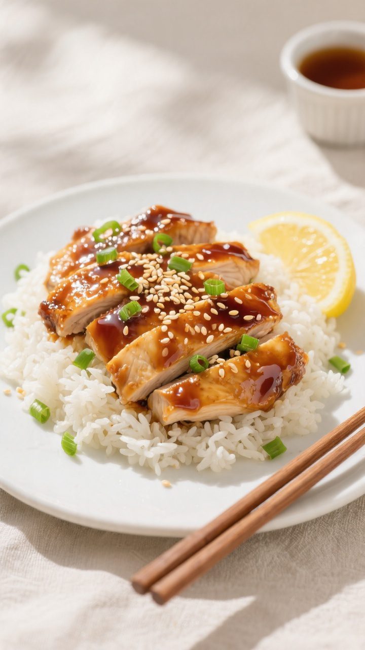 Final plated presentation of Easy Honey Glazed Chicken over steamed jasmine rice, arranged in neat b