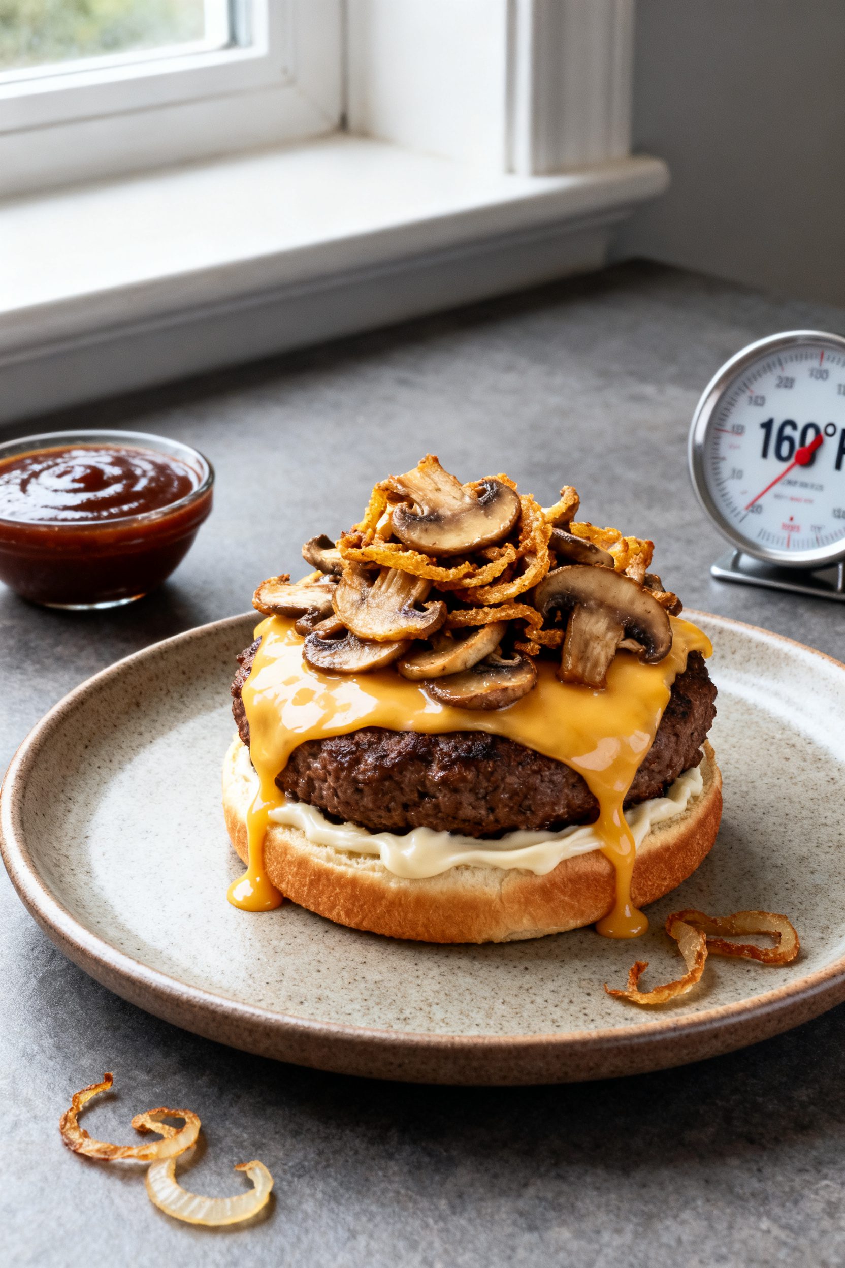 Final plated presentation: Restaurant-quality Garlic Mushroom Swiss variation—burger with a deep b