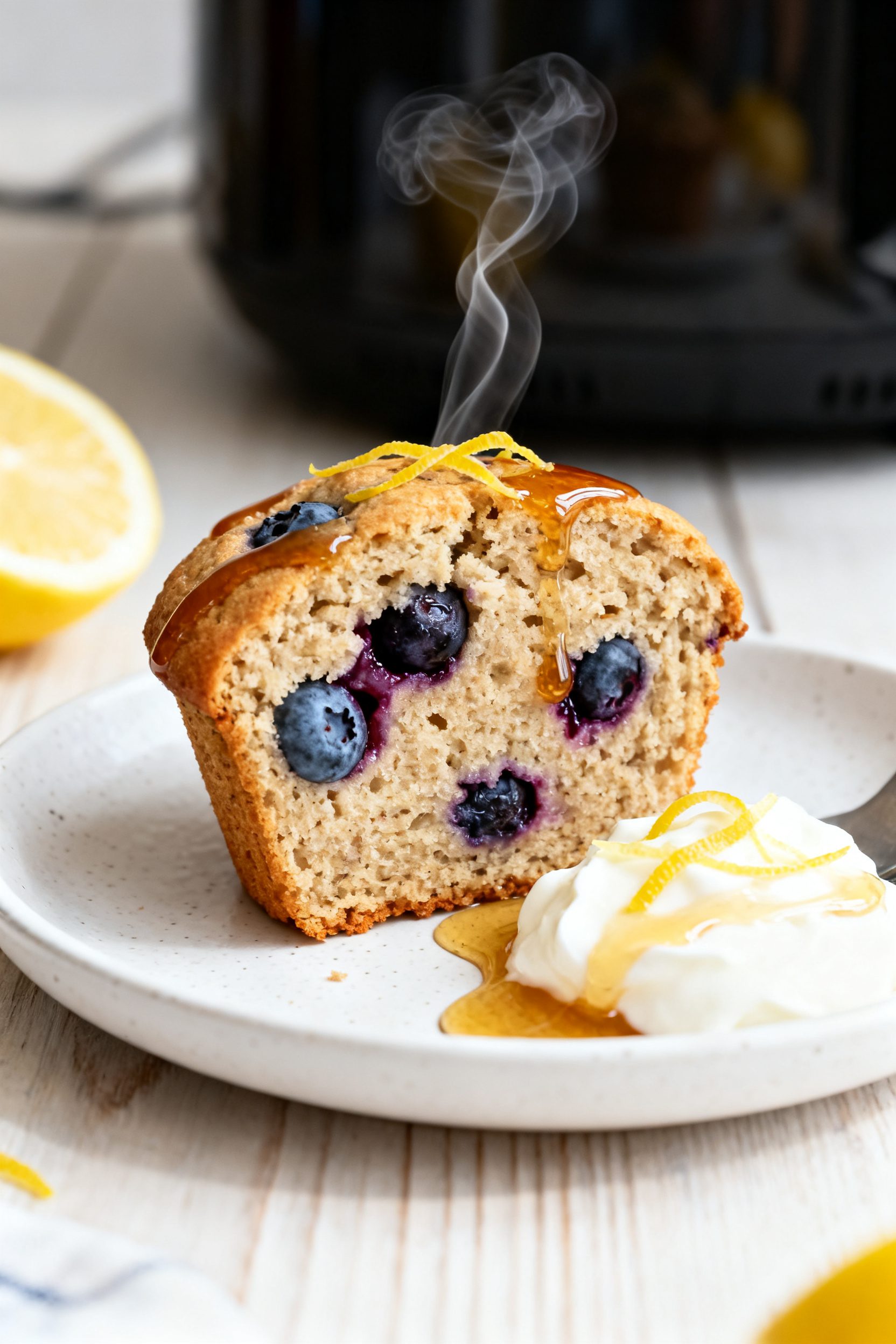 Final plated presentation — Restaurant-quality plate of lemon blueberry air fryer muffin: single m