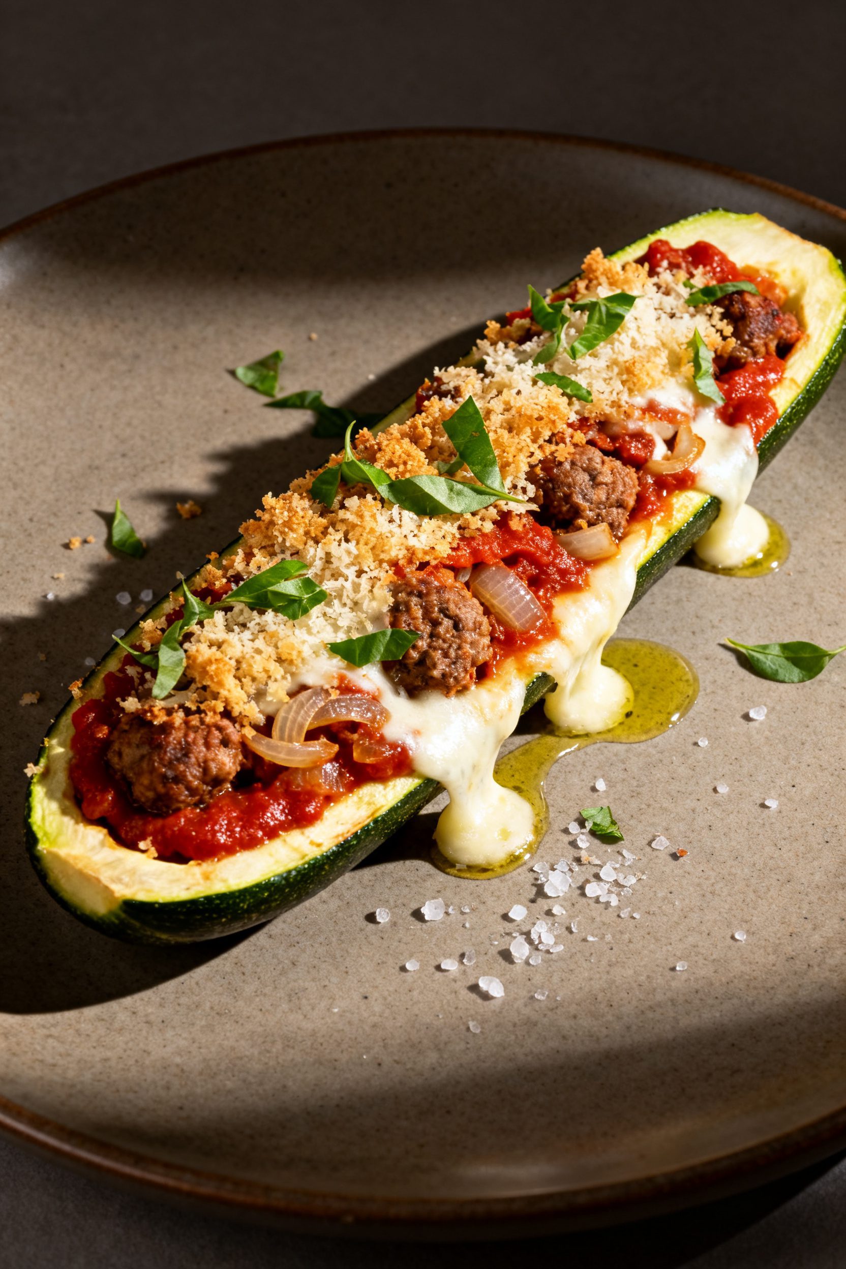 Final plated presentation: Restaurant-quality plate with a single zucchini boat sliced on the bias t