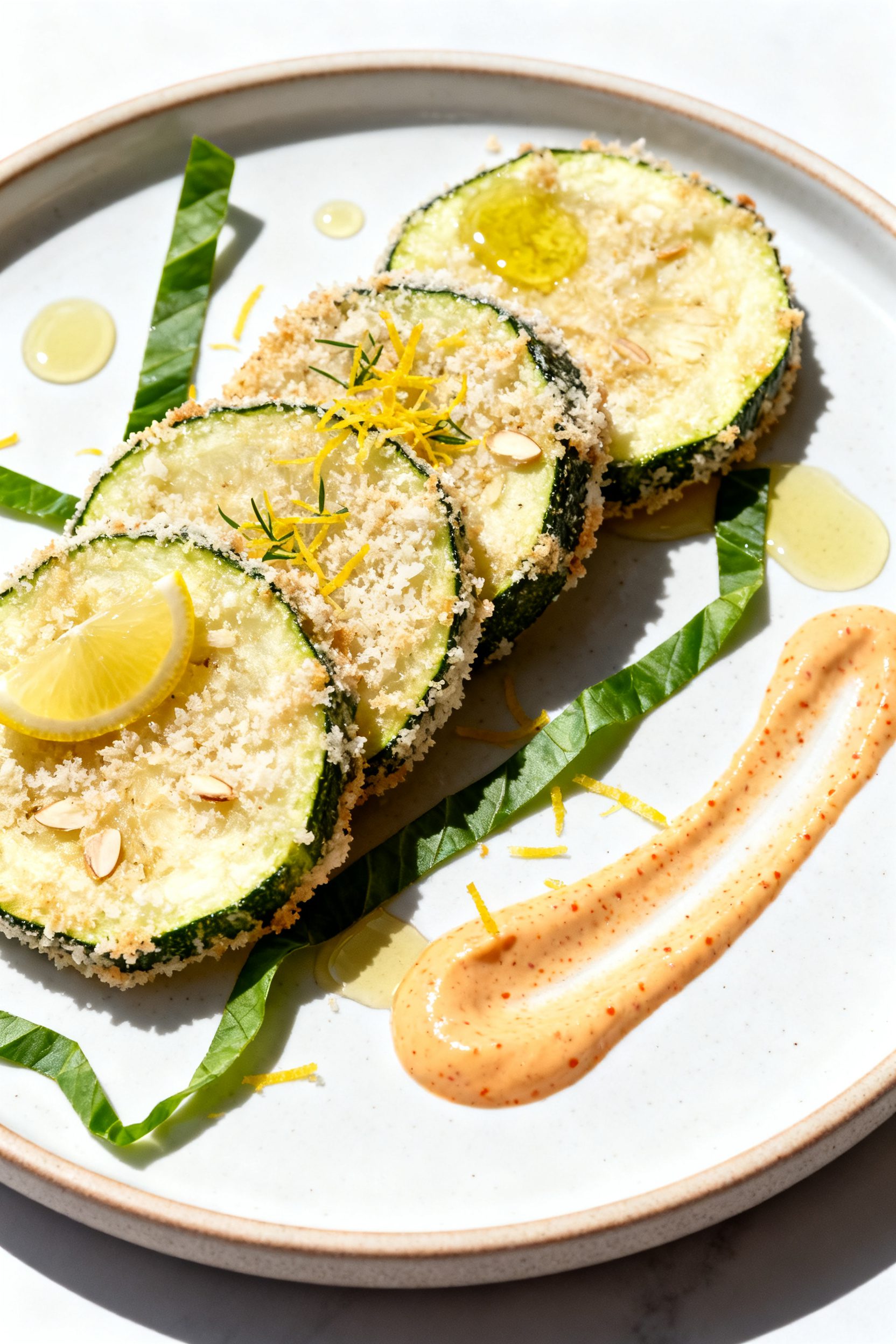 Final plated presentation: Restaurant-quality plate of Parmesan-crust style air-fried zucchini (slig