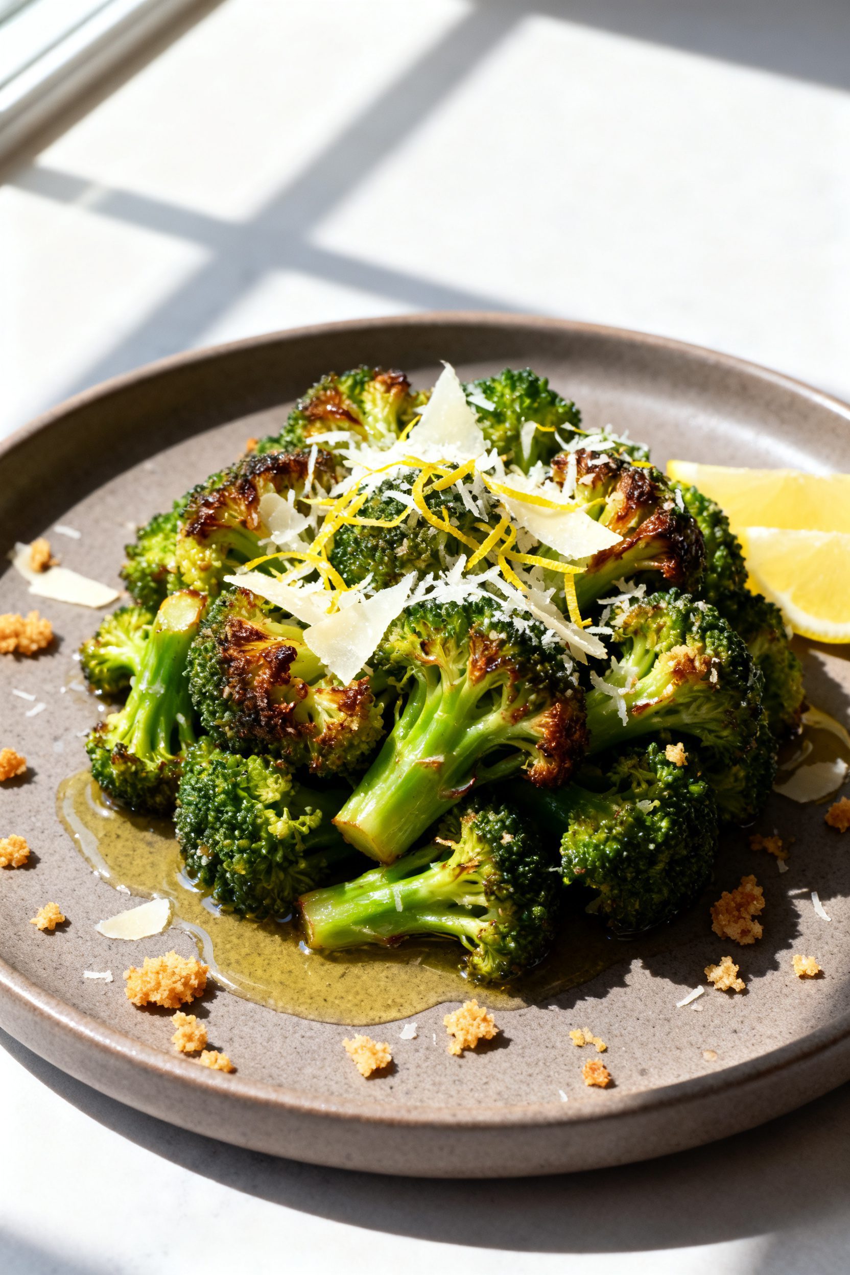 Final plated presentation: Restaurant-quality plate of Air Fryer Broccoli, neatly mounded on a warm 