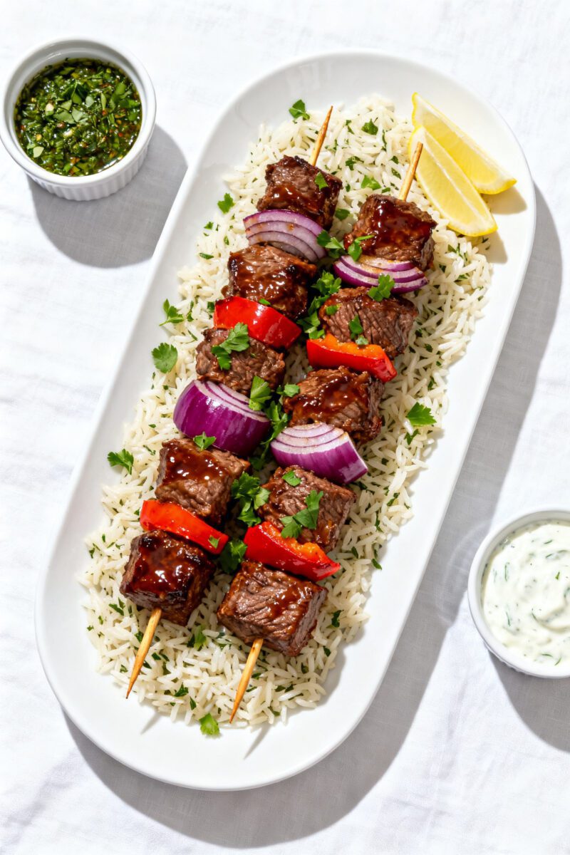 Final plated presentation: Restaurant-quality plating of Air Fryer Beef Kabobs on a long white platt