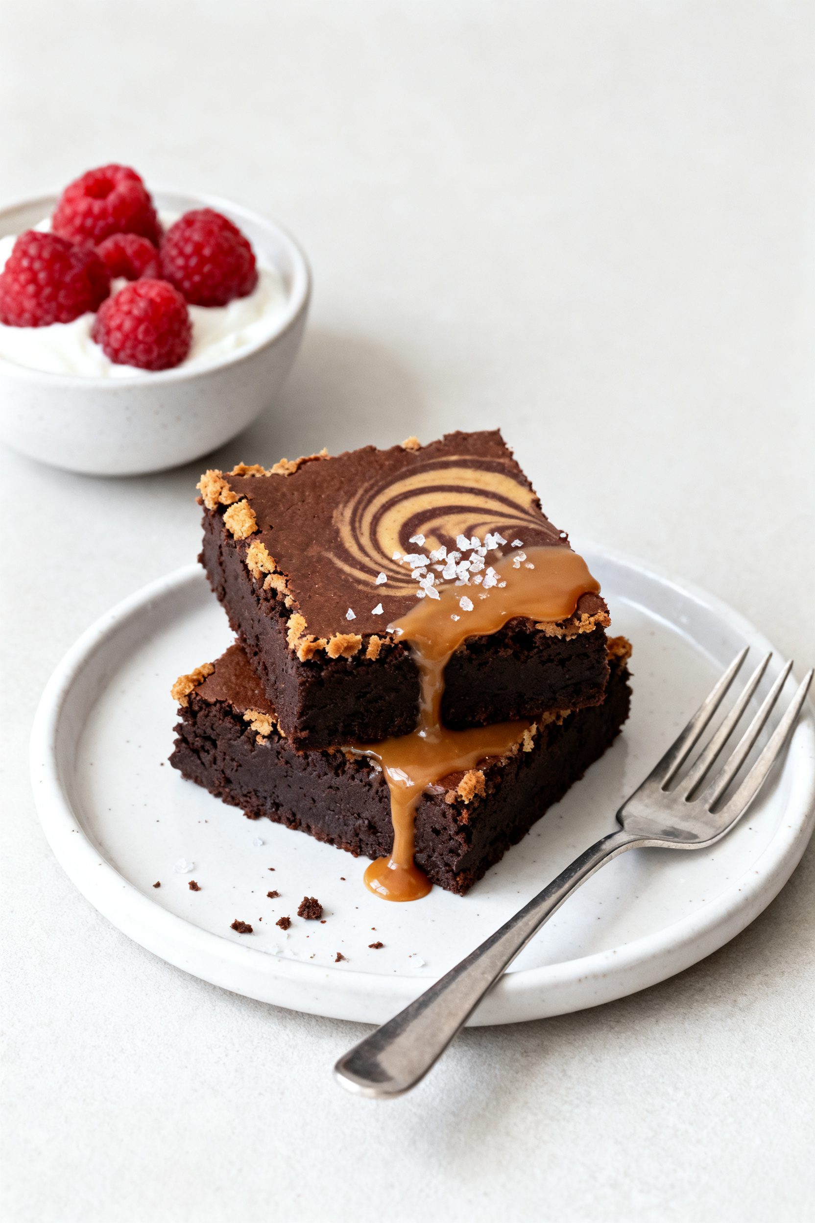 Final plated presentation: Restaurant-quality serving of two fudgy brownie squares with crisp edges,
