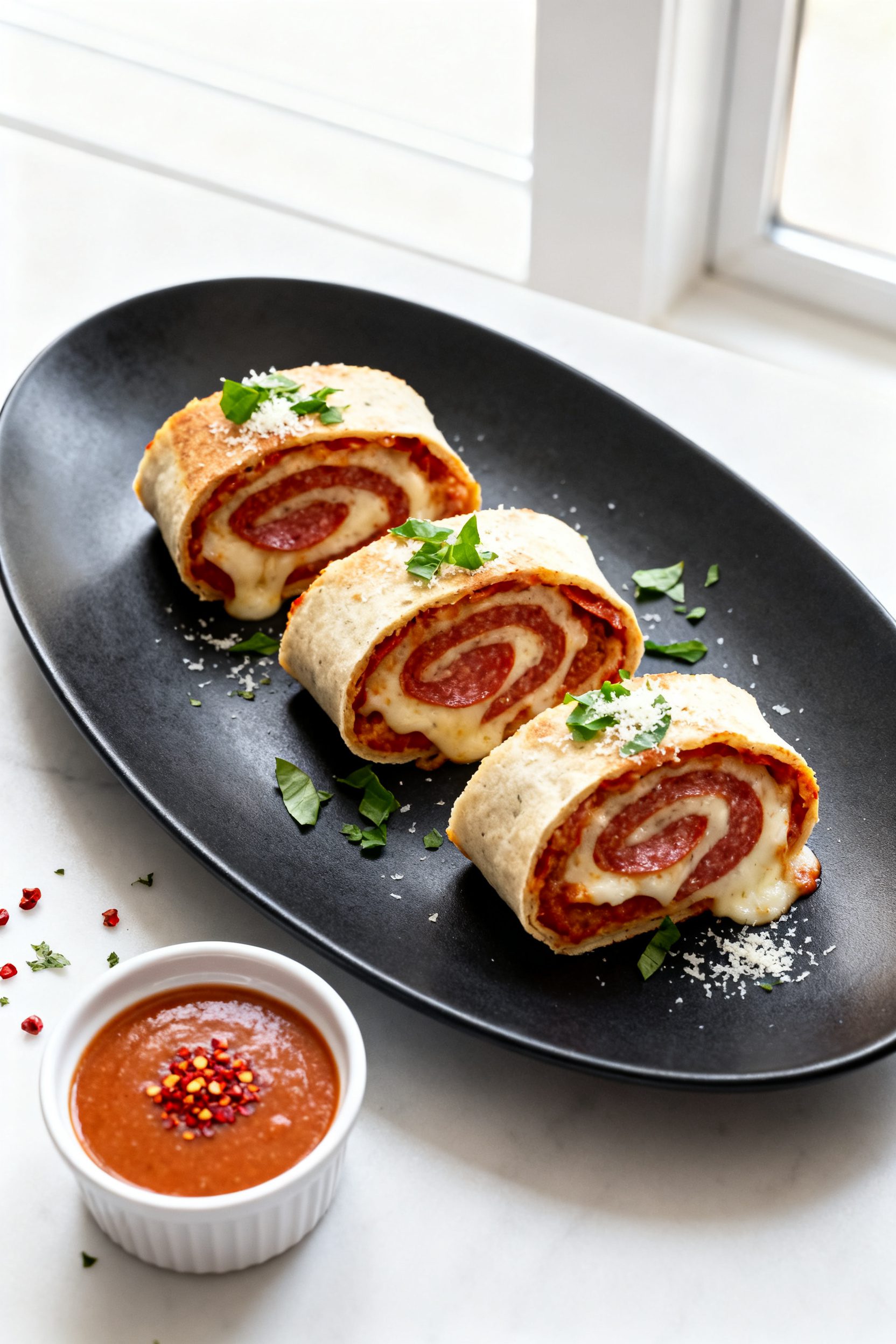 Final plated presentation: Three keto pizza roll ups sliced on a bias to reveal spirals of pepperoni