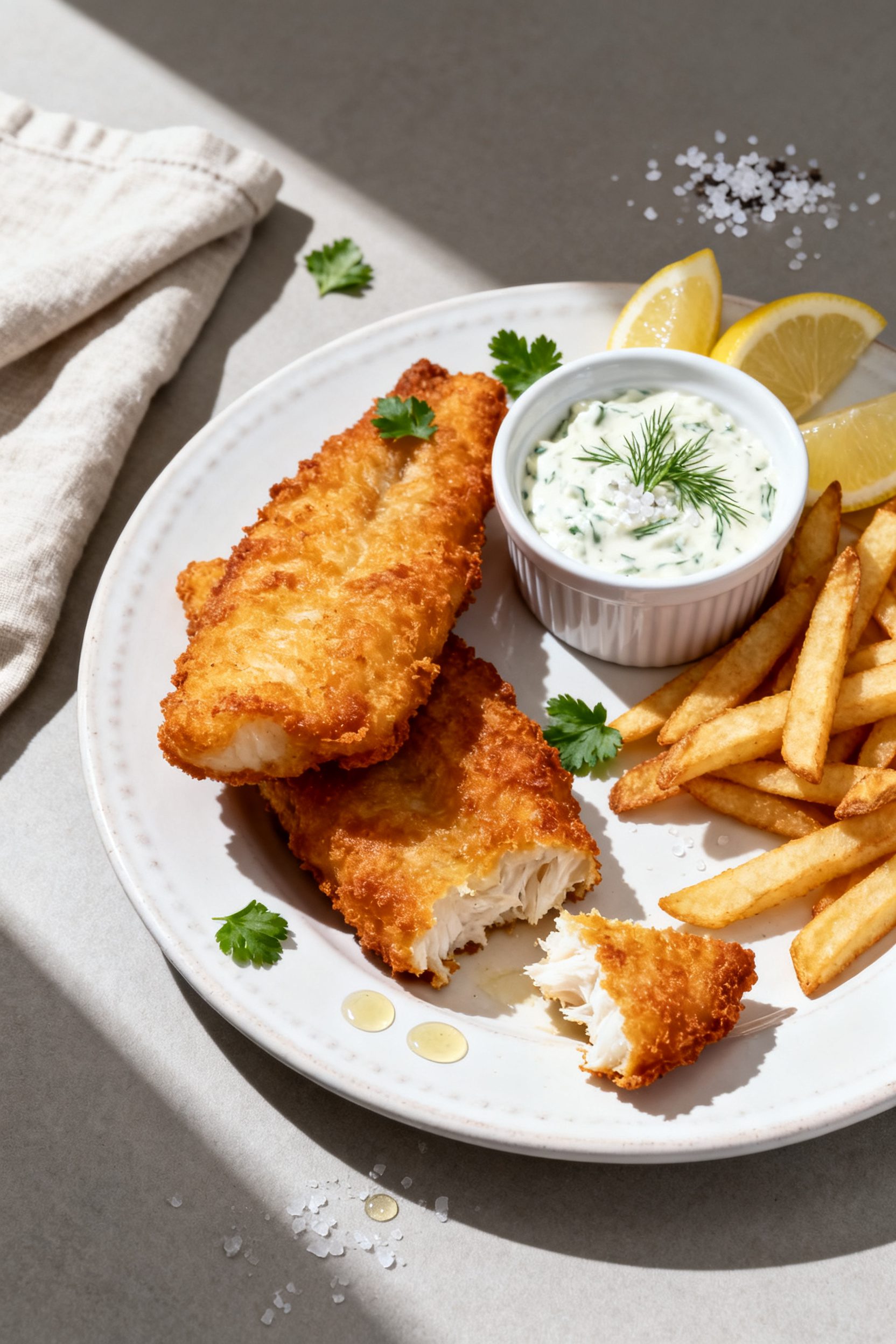 Final plated pub-style presentation: Two to three pieces of crispy, deep-golden cod stacked casually