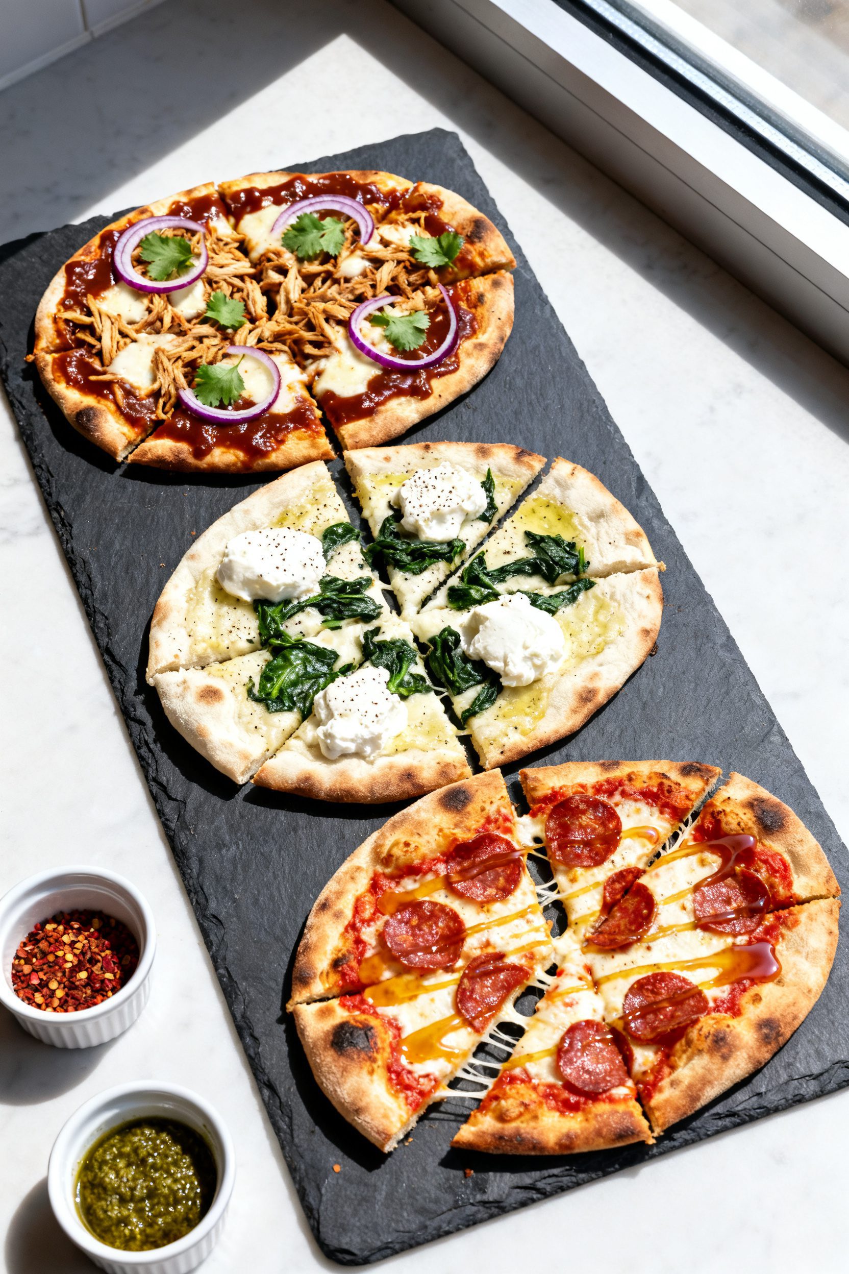 Final plated variety — Beautifully plated trio of naan pizzas on a dark slate board: BBQ chicken (