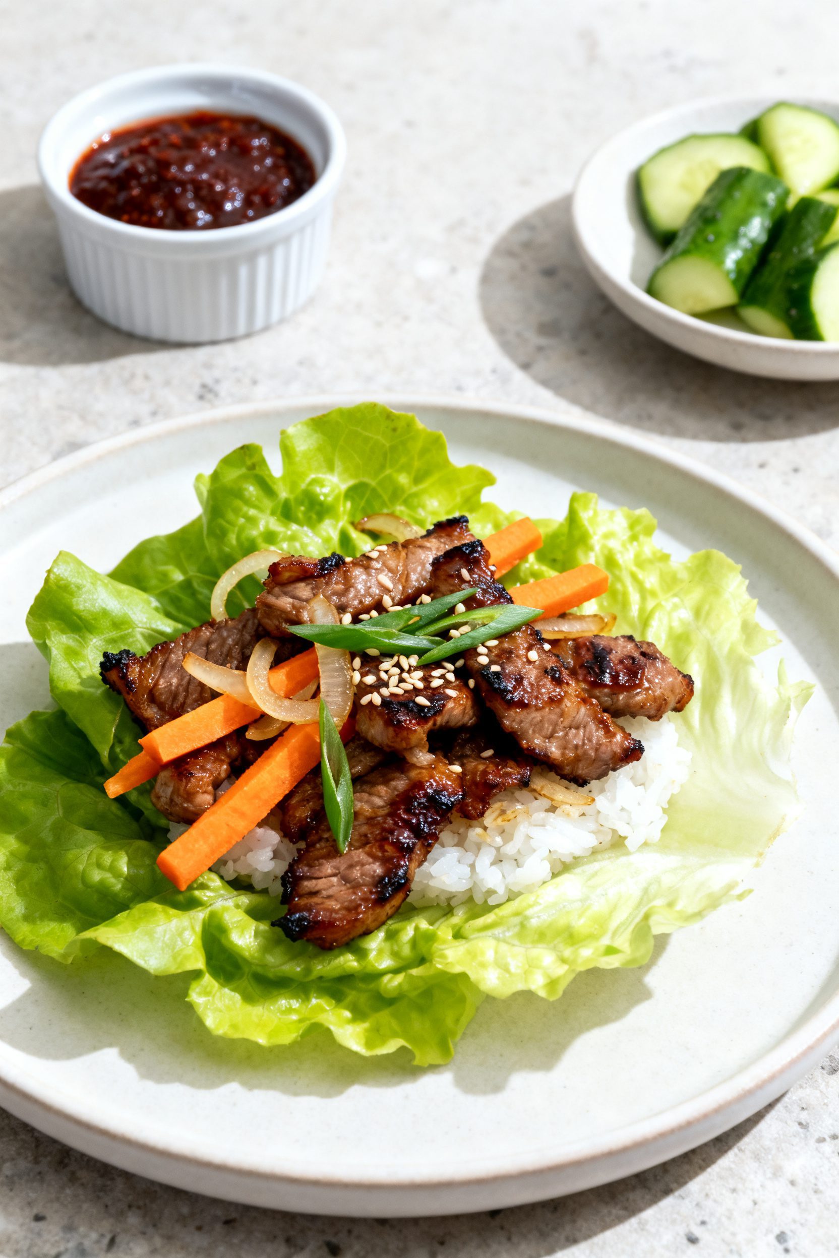 Lettuce wrap service shot from a 45-degree angle: butter lettuce cups piled with sizzling, crispy-ed