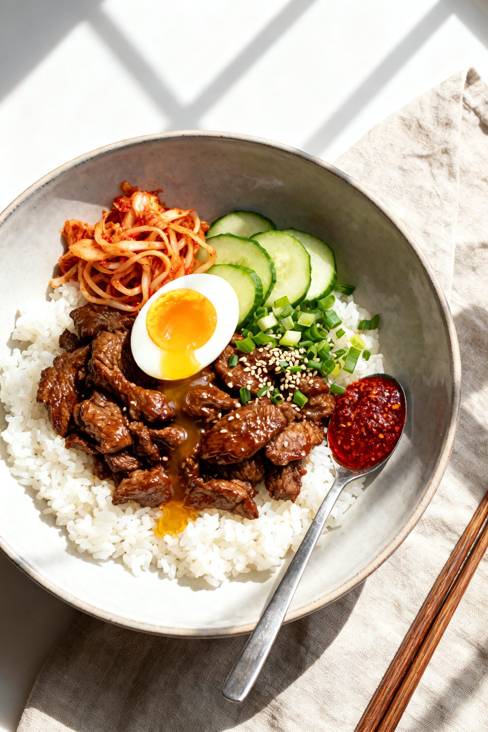 Overhead “bulgogi bowl” final presentation: a wide ceramic bowl filled with fluffy white rice to